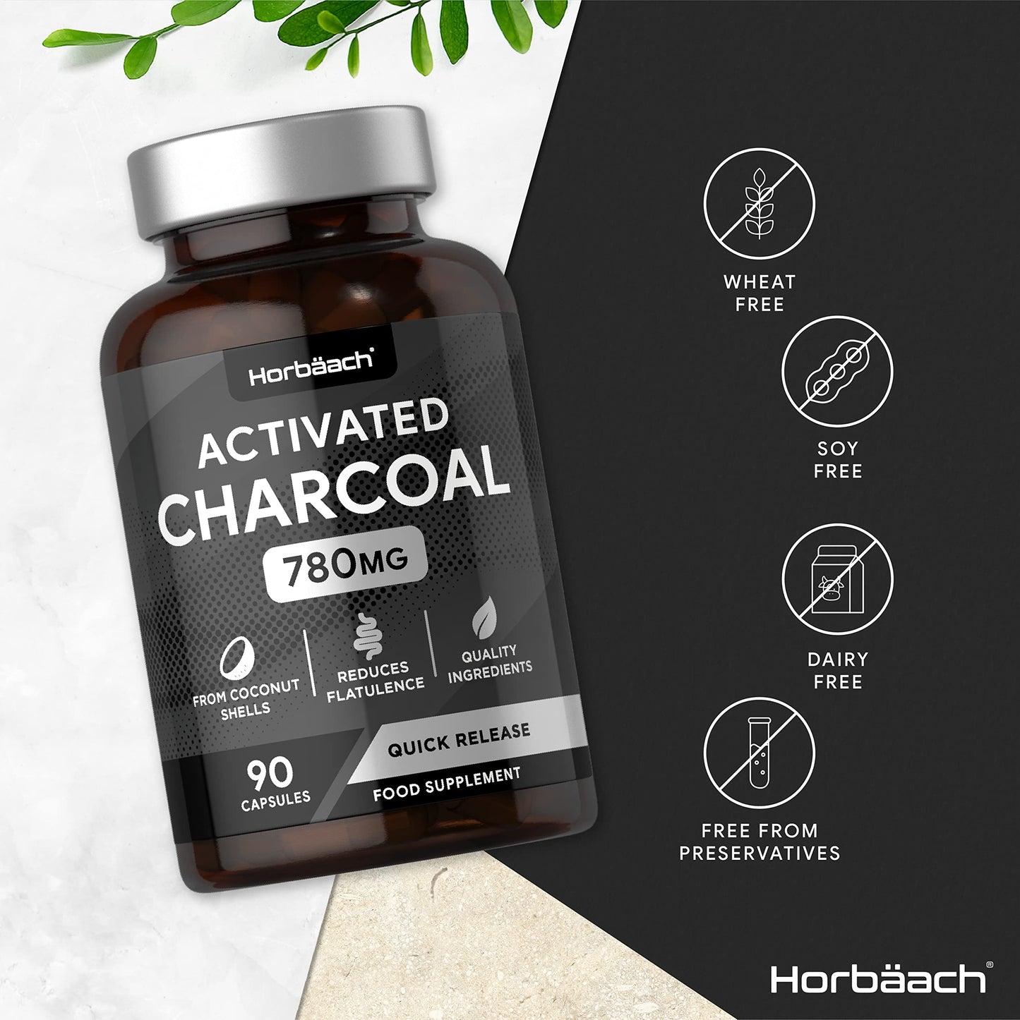 Activated Charcoal Capsules | High Strength 780mg | Digestion Supplement from Natural Coconut | 90 Tablets | by Horbaach