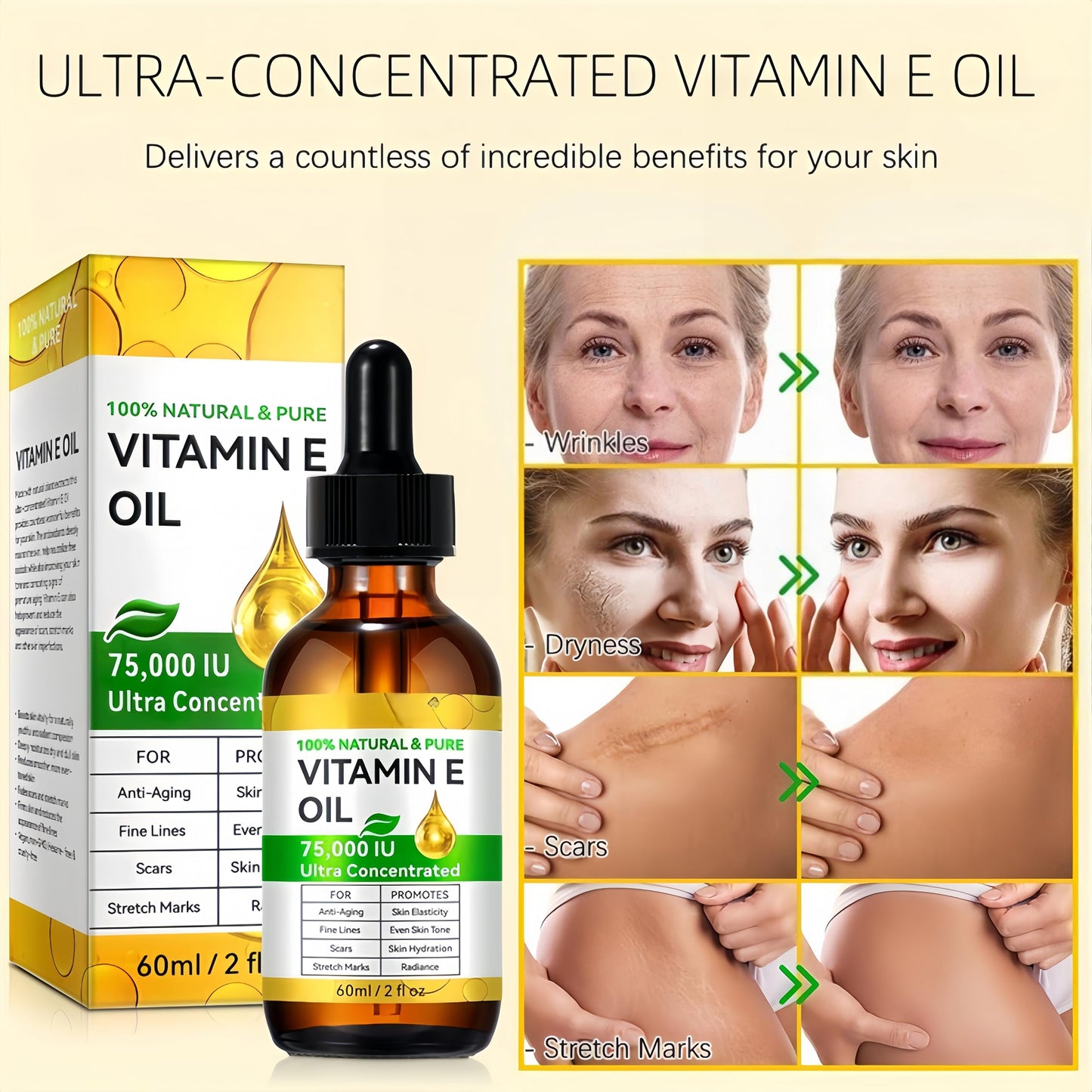 AurolaGlow Pure Vitamin E Oil for Skin & Hair - Natural Bio Oil Scar Treatment, Vitamin E Capsules for Face (2 Fl Oz) - Non GMO, Cold Pressed, Moisturizing & Easy to Absorb