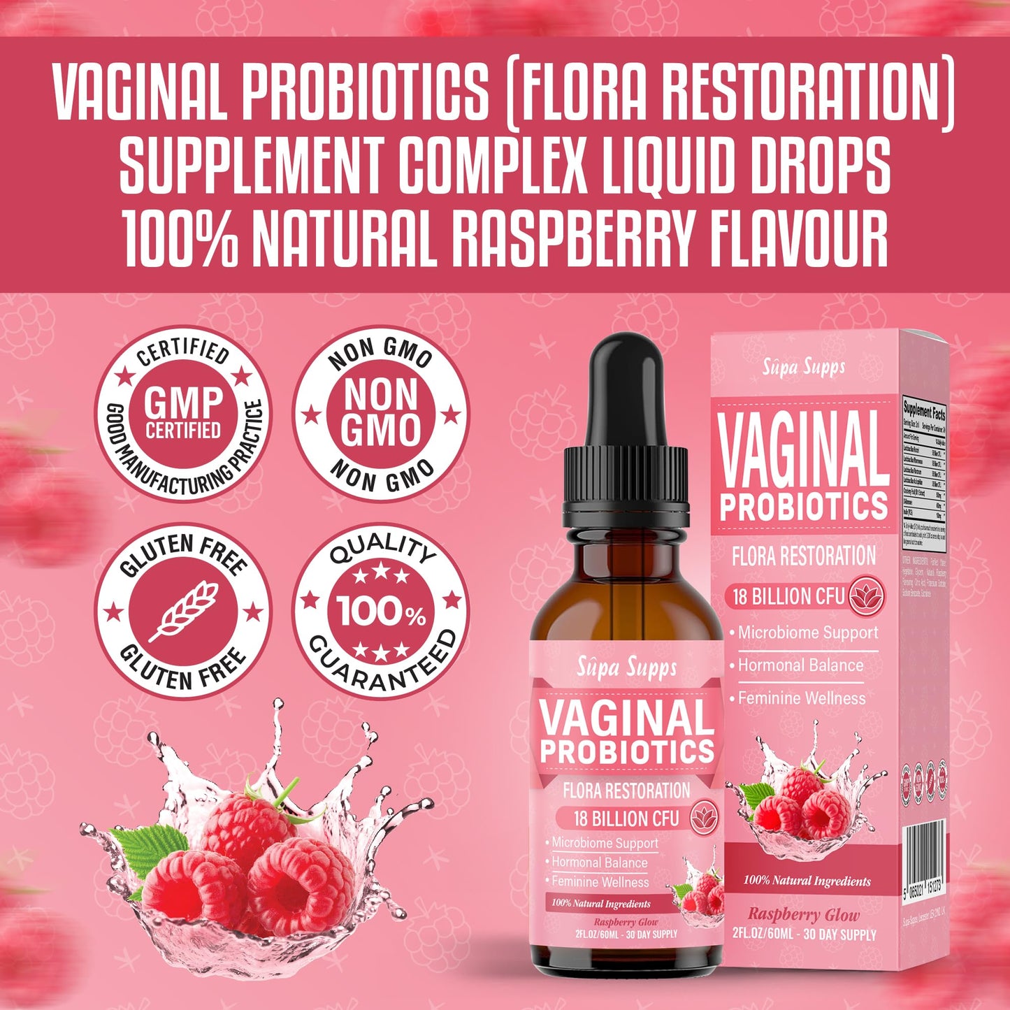 Vaginal Probiotics Liquid 60ml – Raspberry Flavour | Probiotics for Women with Lactobacillus Reuteri | Intimate Support | Gut & Vaginal Flora | Supa Supps Female Balance | Fast Absorption BV Treatment