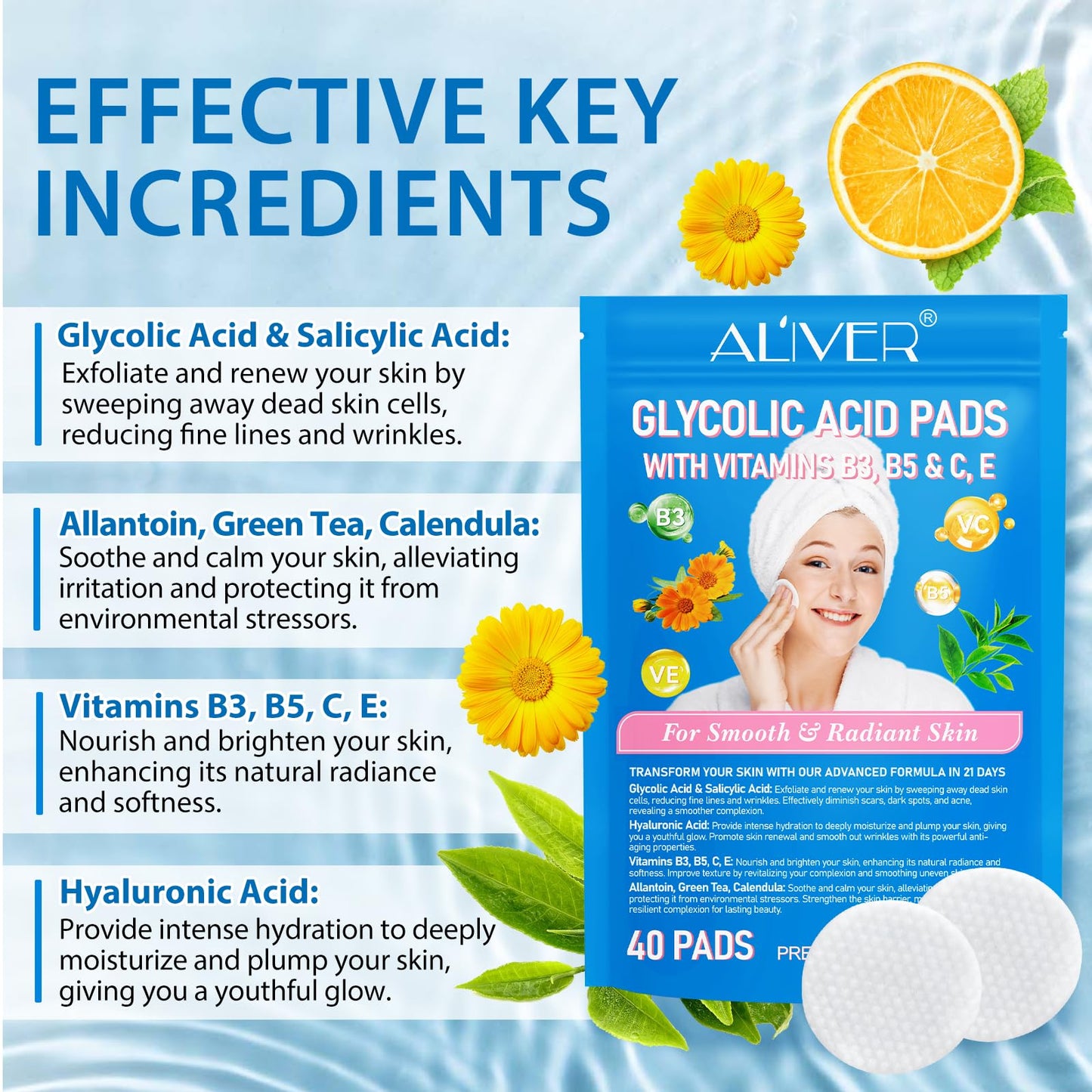 Generic Glycolic Acid Pads 40P, Acid Brush Cotton Pads, Glycolic Acid 20% Resurfacing Pads, With Vitamins B3, B5, C, E & Collagen, Exfoliates Surface Skin, For Smooth & Radiant Skin