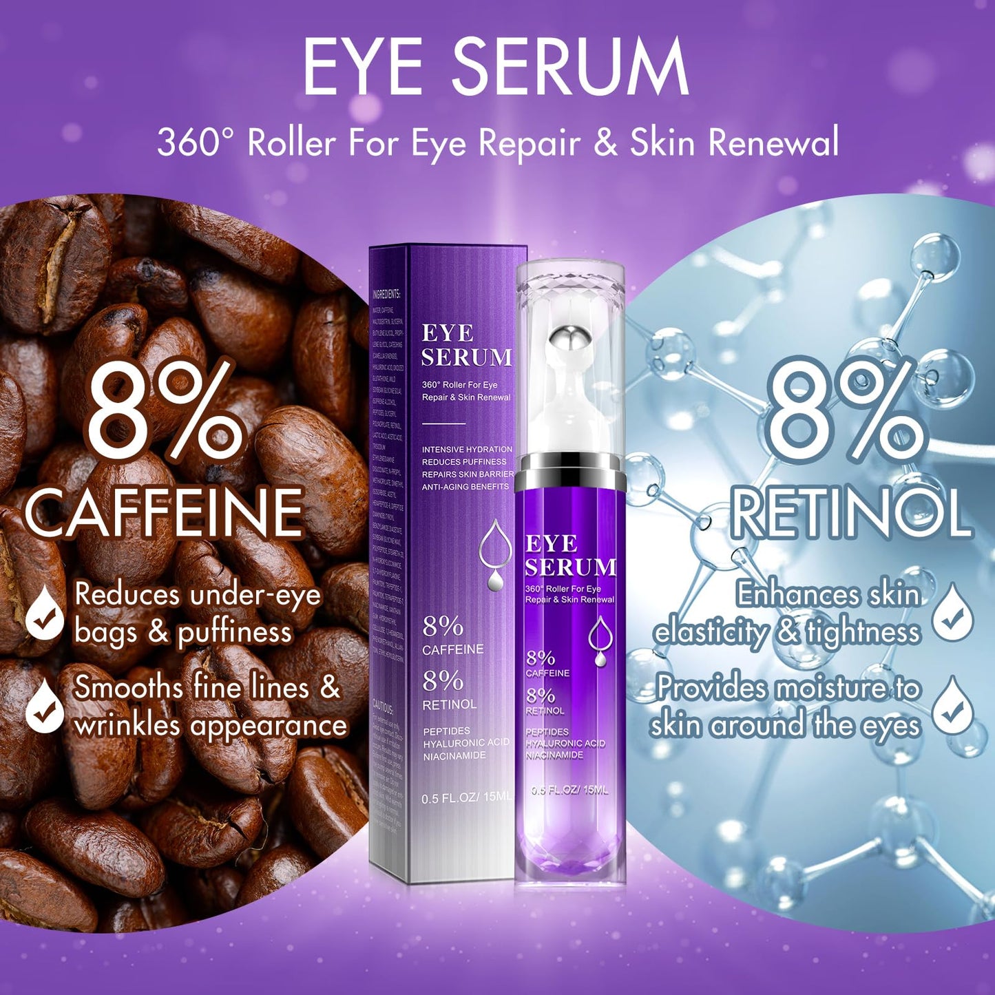 QUANHAO Eye Serum with 8% Caffeine 15ml 2 Pack, Under Eye Serum for Dark Circles and Puffiness Eye, Wrinkles and Fine Lines, Eye Cream, Under Eye Treatment Replumps, Brightens And De-Puffs Eyes