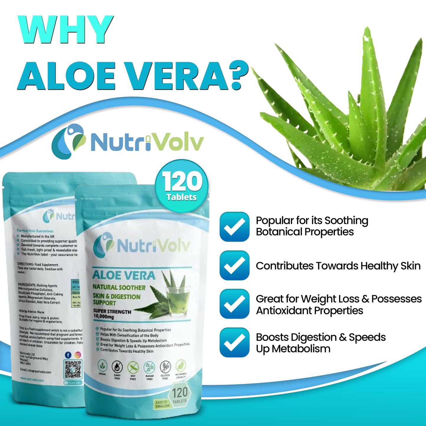Nutrivolv Aloe Vera 10000mg - 120 Tablets - Skincare Colon Cleanse Digestion Detox