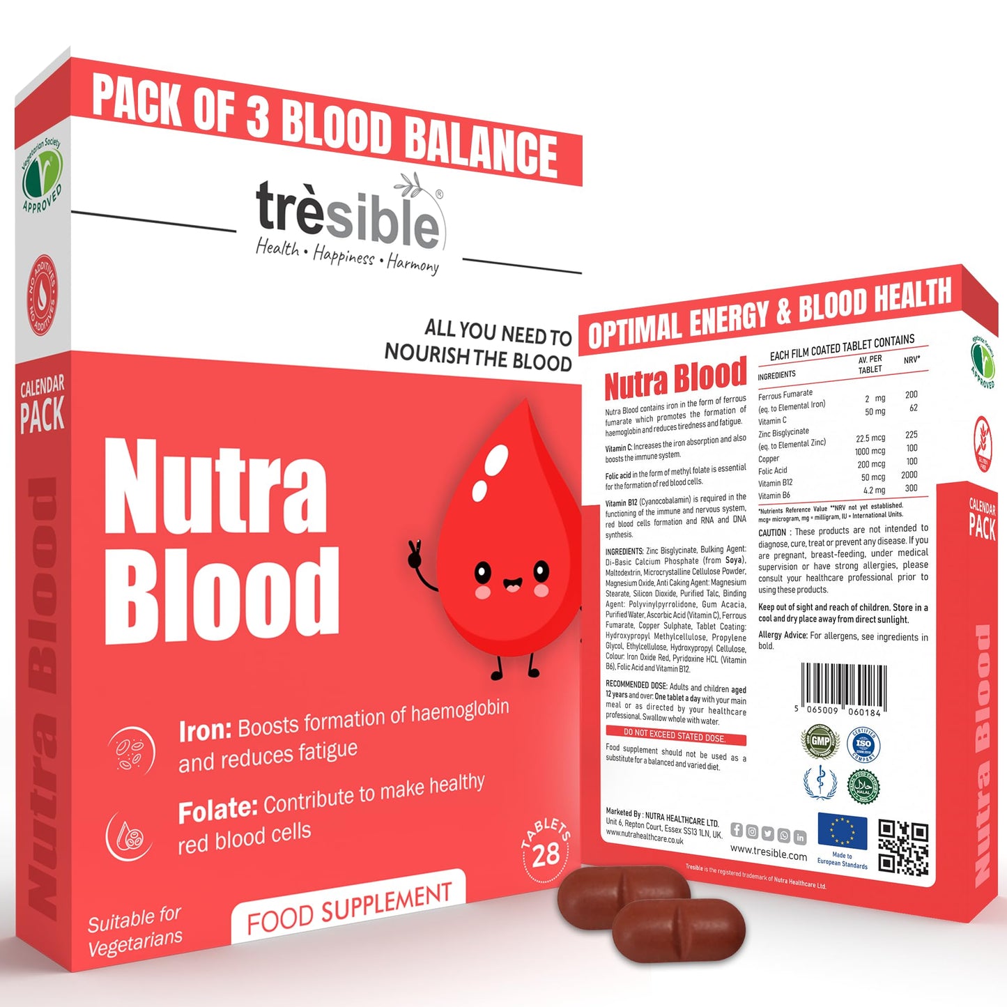 Tresible Trèsible Nutra Blood Iron Tablets High Strength (Pack of 3) Vitamins C, B12 - B6 & Folic Acid Iron Supplement for Women & Men to Reduce Tiredness & Fatigue, Iron Tablets Women & Men (12-Week Supply)