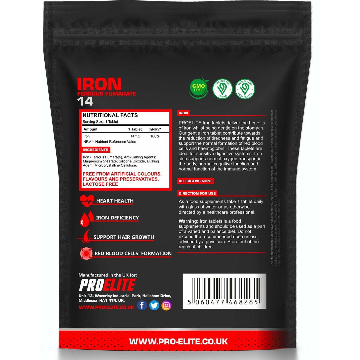 Iron Tablets High Strength 14mg - 180 Tablets - Vegan Iron Energy Tablets for Tiredness and Fatigue - High Absorption Iron Supplements for Women and Men - Made in The UK by PROELITE
