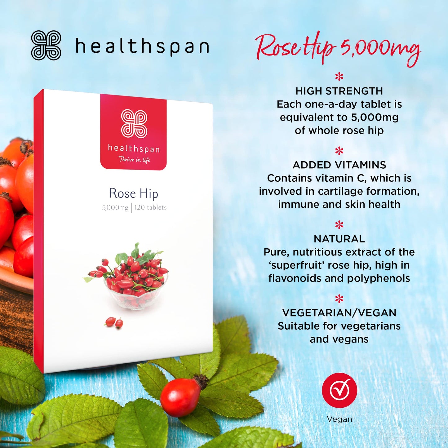 Healthspan Rose Hip 5,000mg (120 Tablets) | Supports Joints & Immune Health | Helps Maintain Healthy & Flexible Joints | Added Vitamin C | High In Flavonoids & Polyphenols | Vegan