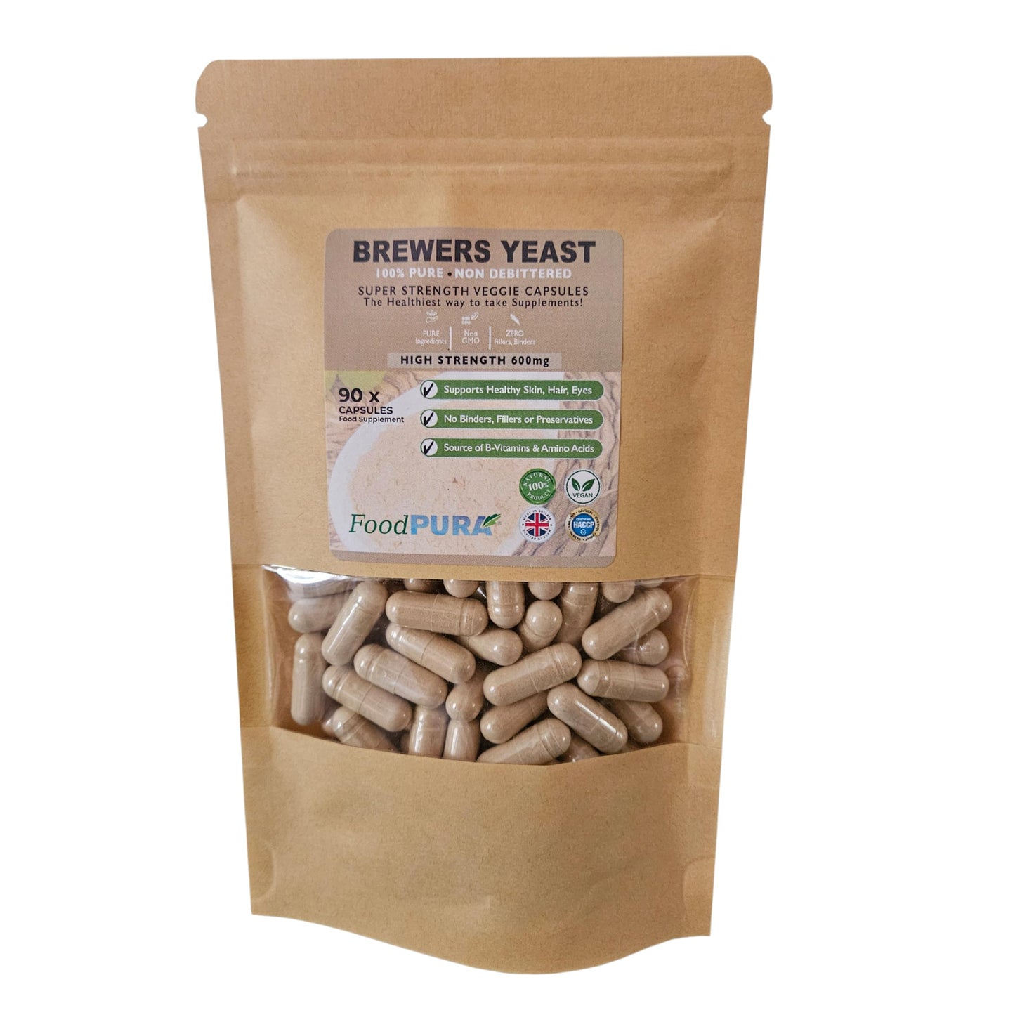 FoodPURA 90 x 600mg Brewers Yeast Capsules 100% Pure & Natural Not Debittered HACCP Certified Manufactured in The UK (90)