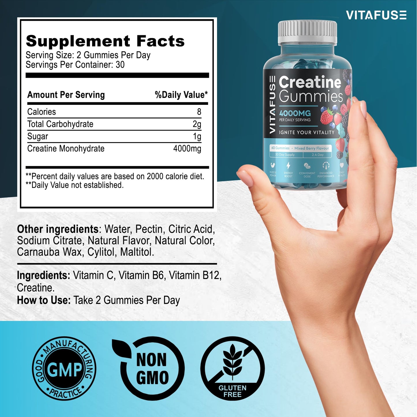 VITAFUSE Creatine Monohydrate Gummies | 4000mg Daily Serving Creatine Gummies in Mixed Berry Flavour | Creatine Gummies for Women & Men