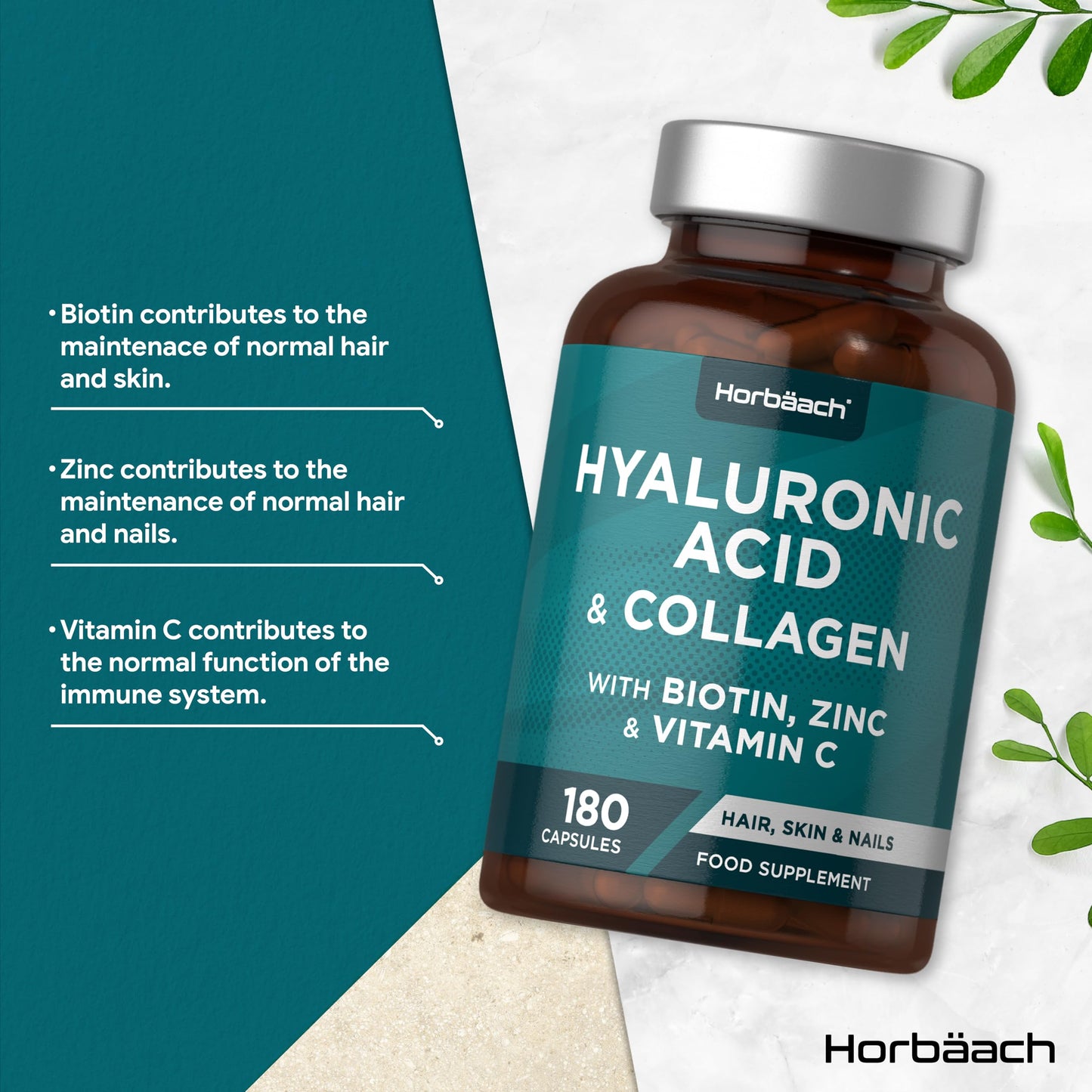 Horbäach Hyaluronic Acid Supplement with Collagen | 180 Capsules | High Strength Complex with Biotin, Zinc and Vitamin C | Hair, Skin and Nails Formula | by Horbaach