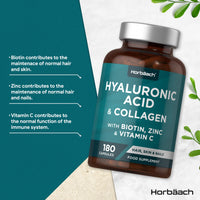 Horbäach Hyaluronic Acid Supplement with Collagen | 180 Capsules | High Strength Complex with Biotin, Zinc and Vitamin C | Hair, Skin and Nails Formula | by Horbaach