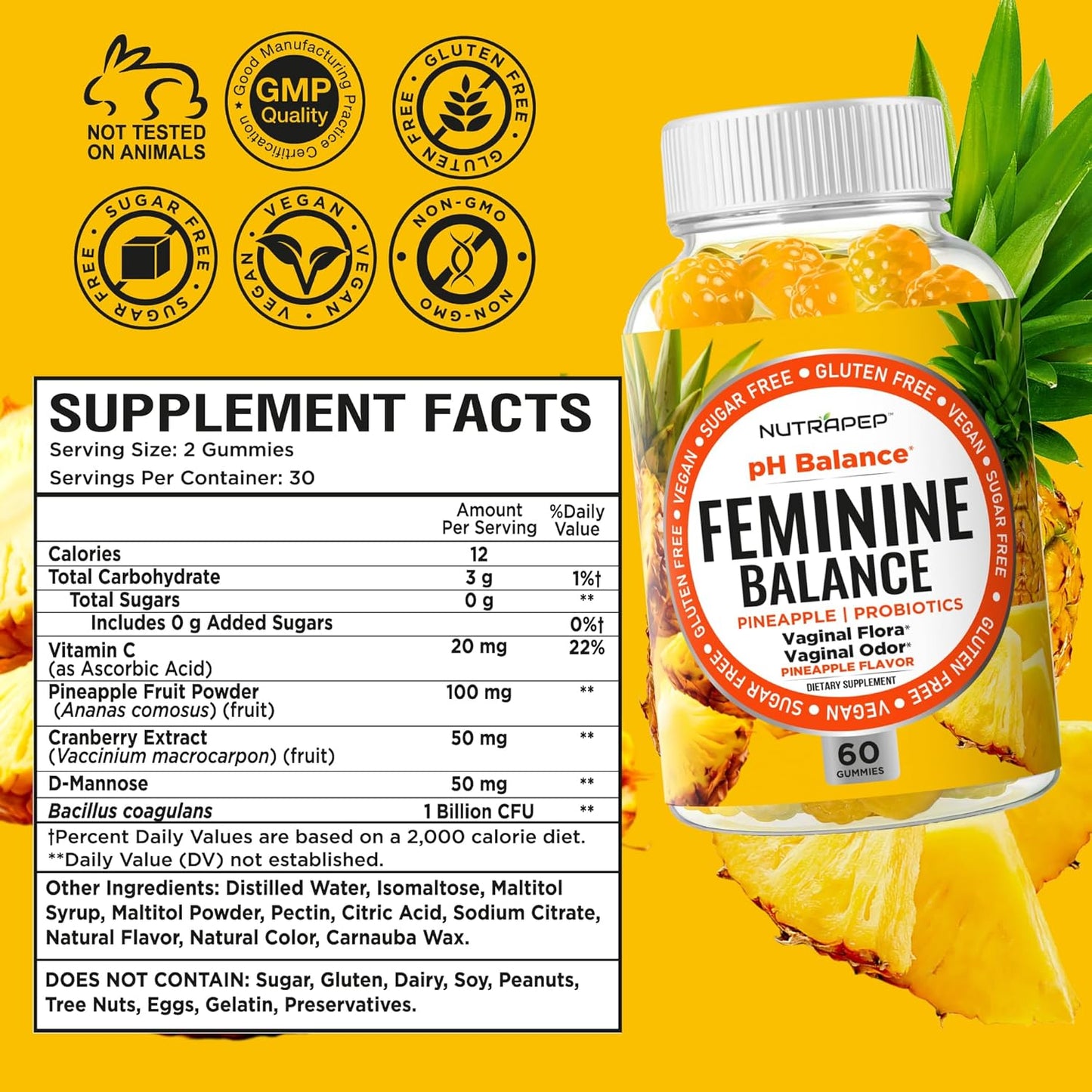 Feminine Balance Probiotics Gummies for Women - Vaginal Health & Women's pH Balance Natural Gummy Supplement with Cranberry Pineapple Powder - Sugar Free Gluten Free Vegan