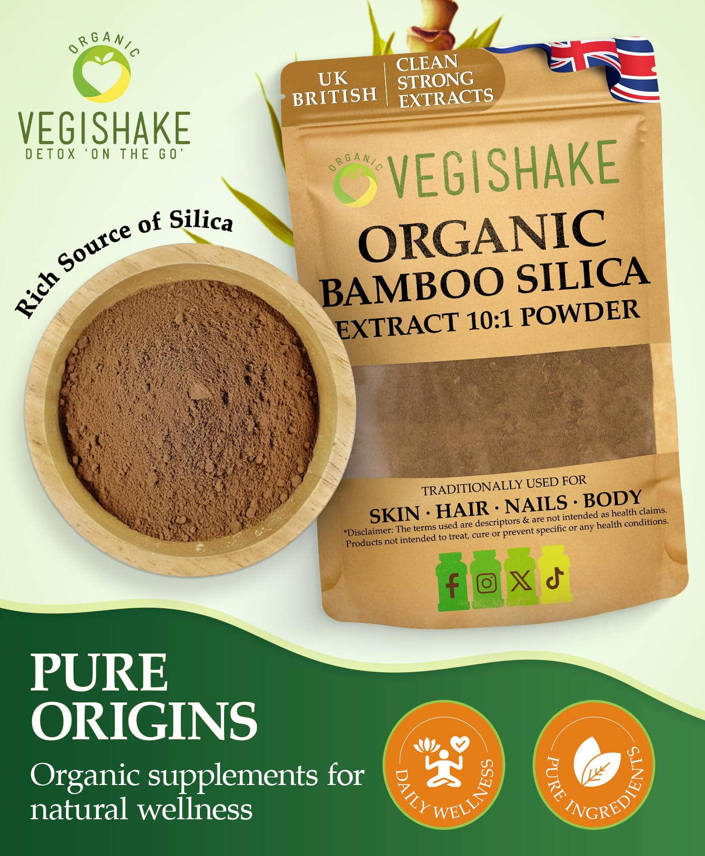Organic Silica Extract 10:1| High Strength Naturally Sourced Silica Supplement | for Skin Health and Mobility | Vegan Capsules | from Bamboo Extract | UK Made (250G)