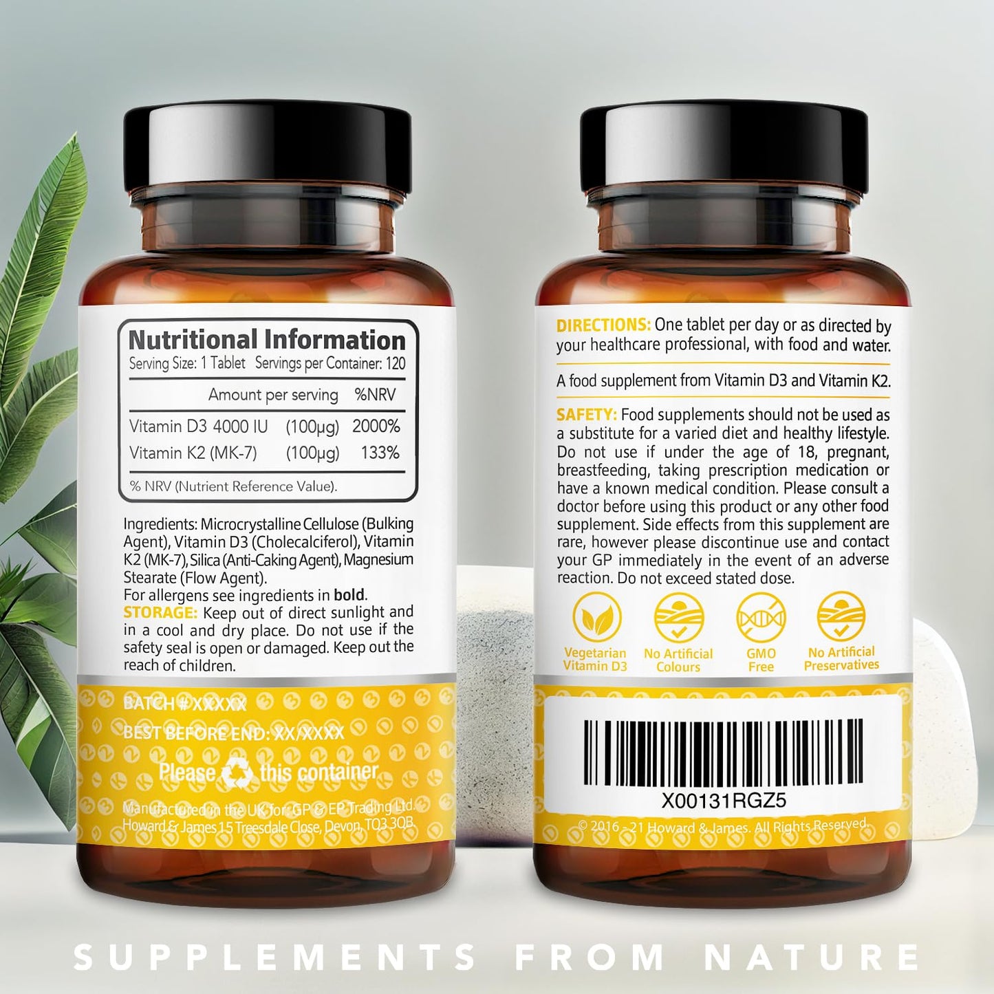 HOWARD & JAMES Vitamin D3 4000iu Plus Vitamin K2 100ug 120 High Strength Vegetarian Tablets