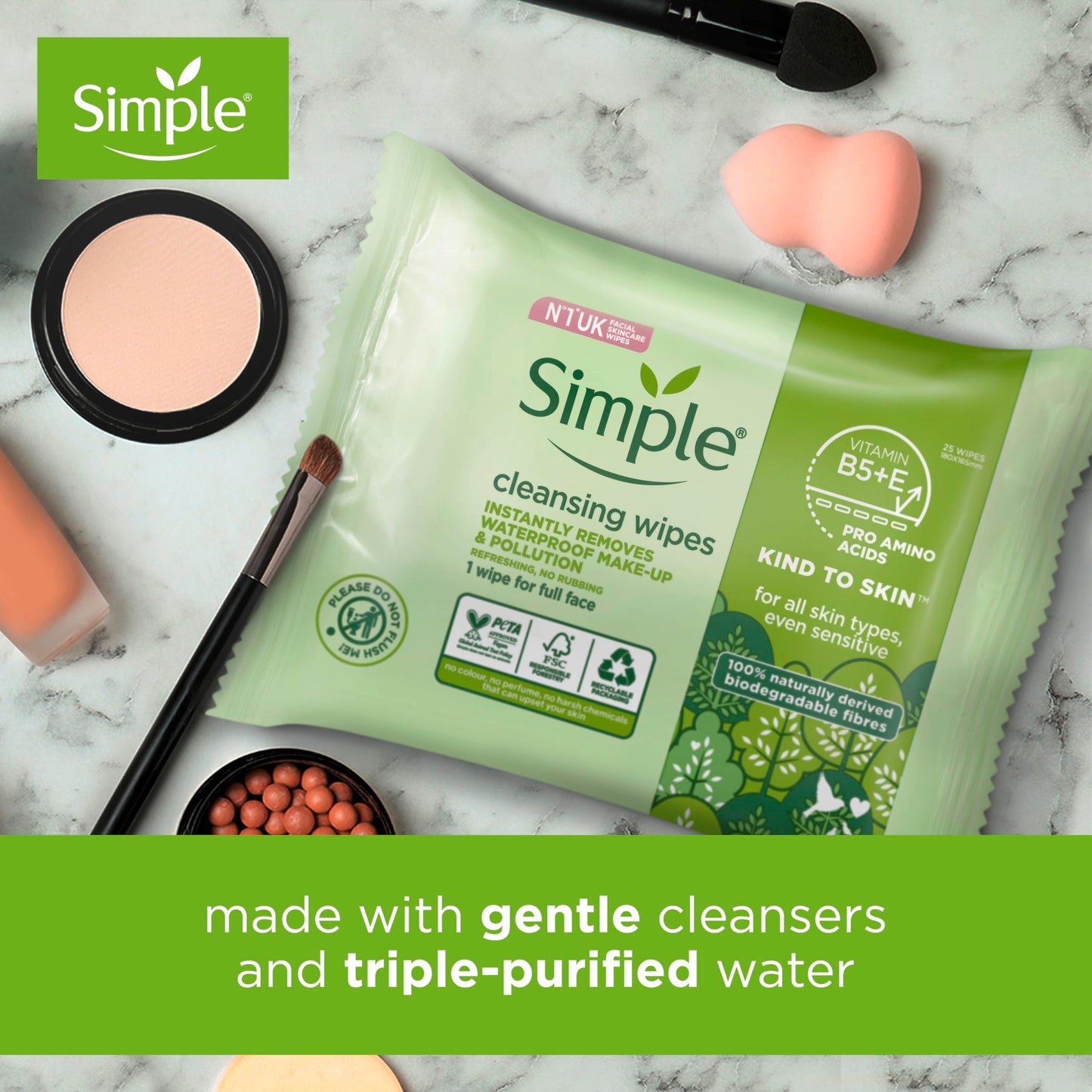 Simple Kind to Skin Bio-degradable Cleansing Wipes face wipes to remove waterproof eye make-up for sensitive skin 25 pc