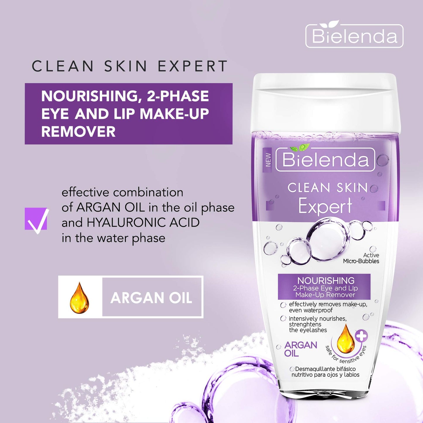 Bielenda Clean Skin Expert - Nourishing, 2-Phase Eye And Lip Make-Up Remover - Clean Skin Expert Nourishing 2-Phase Eye And Lip Make-Up Remover With Argan Oil - 150 ml