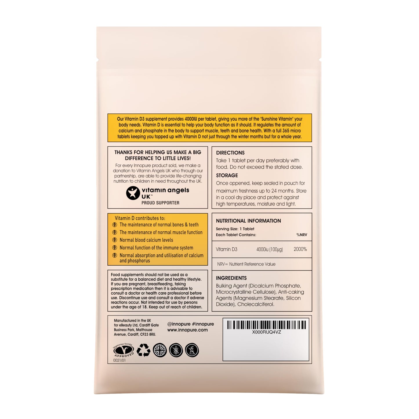 INNOPURE Vitamin D Tablets 4000 IU - 1 Year Supply of D3 Vitamins (365 Vit D Micro Tablets) High Strength Vitamin D Supplement - Vegetarian Society Approved, UK Made