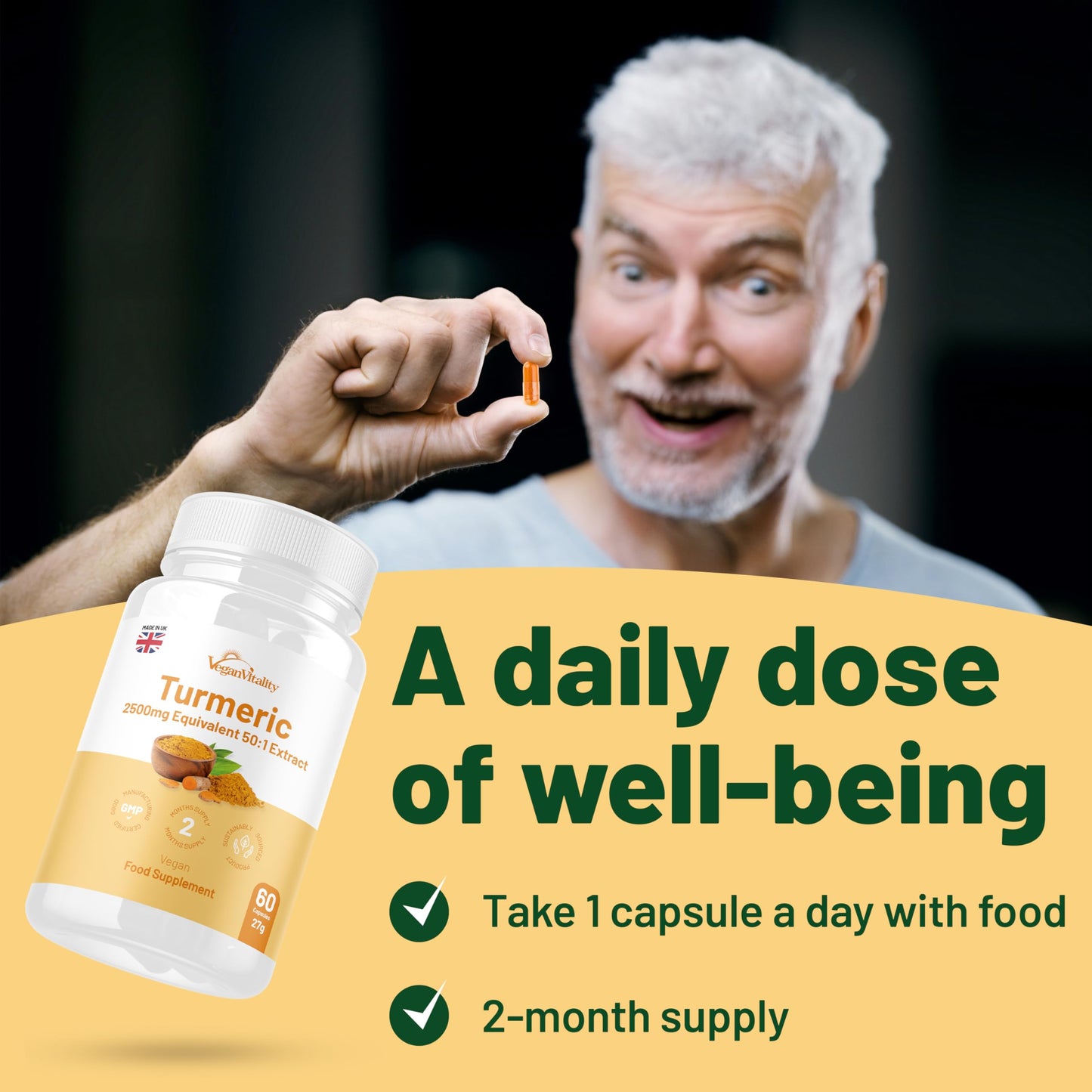 Turmeric and Black Pepper Capsules High Strength with Ginger Supplement 2500mg Equivalent - Curcumin Capsules 92%, Piperine 95%, Gingerols 5% - 60 Capsules - 2 Months Supply, 100% Vegan, GMP