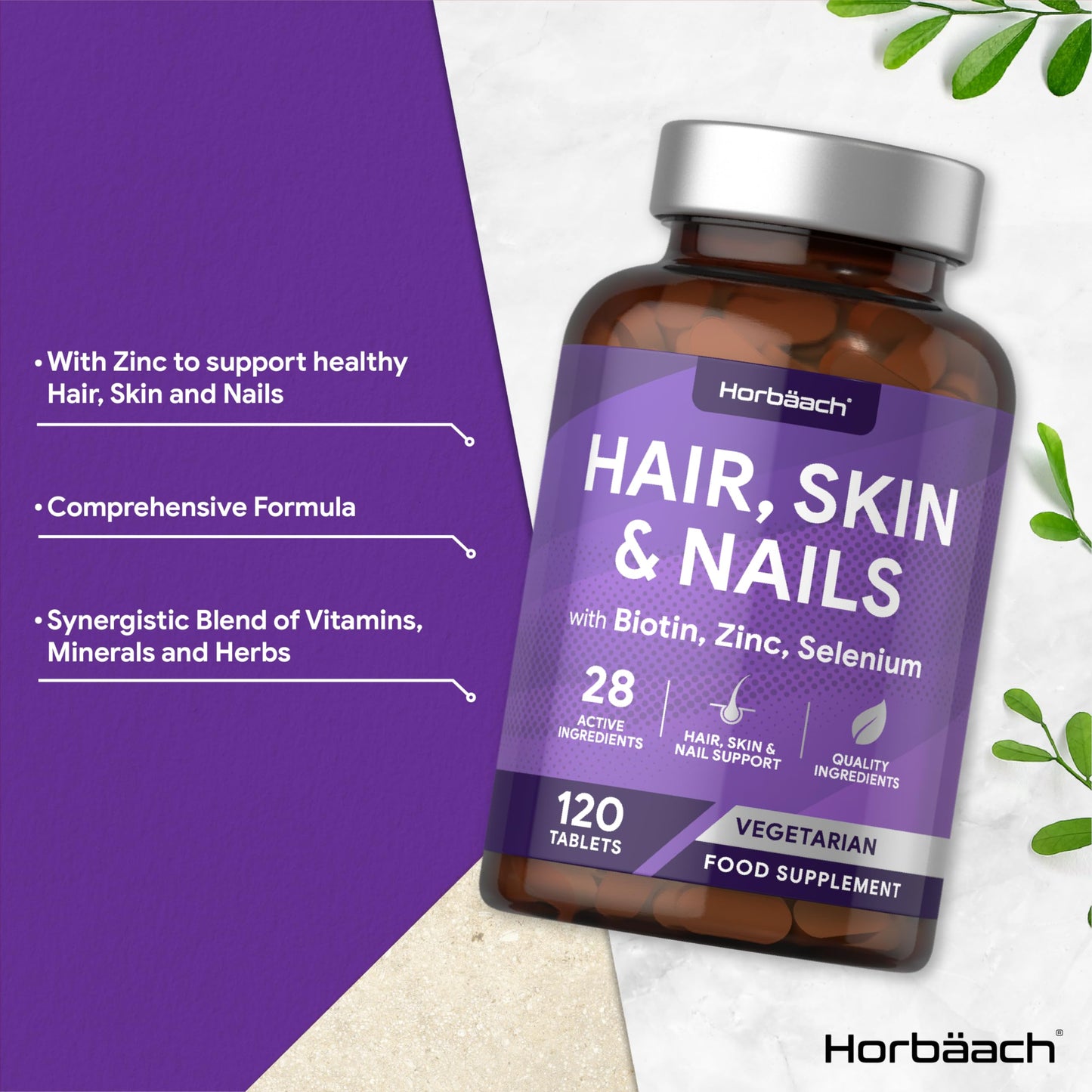 Hair Skin and Nails Vitamins | with Biotin, Zinc and Selenium | Beauty Supplement for Women and Men | 120 Vegetarian Tablets | by Horbaach