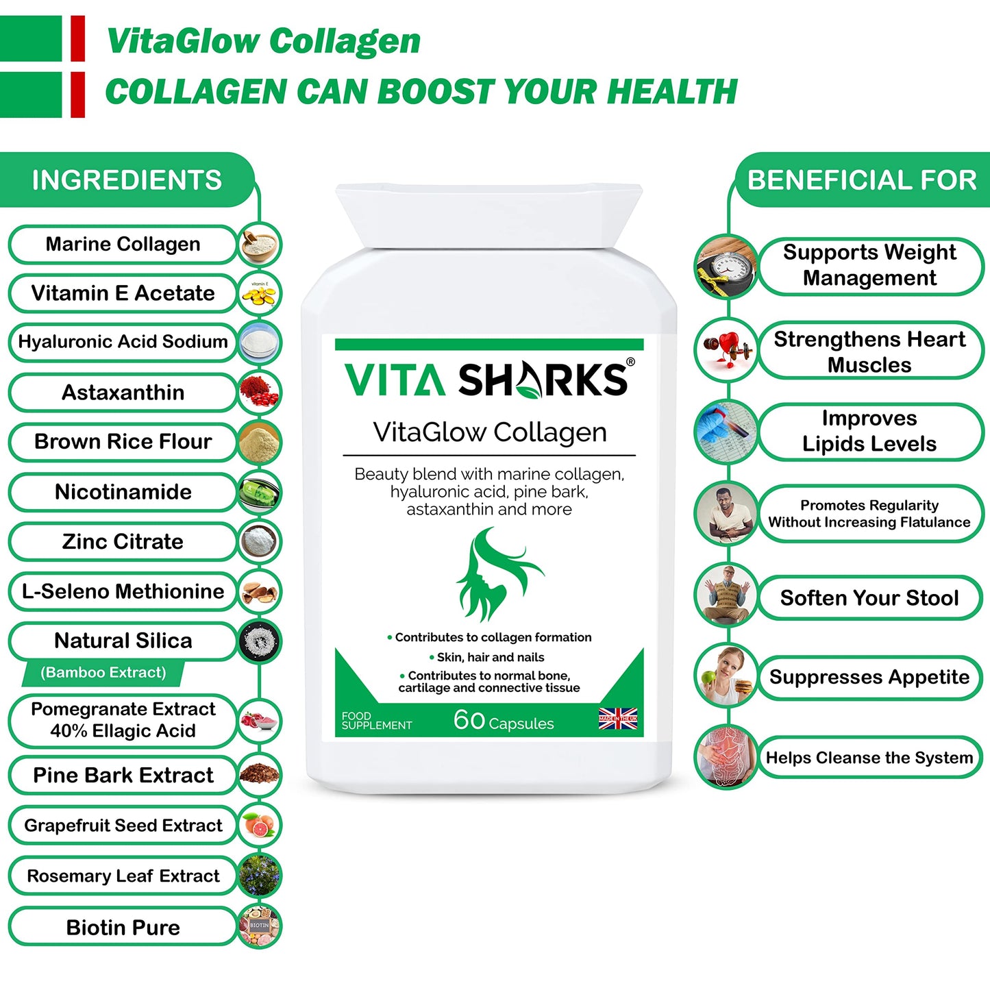 VitaGlow Collagen - Anti-Ageing Tablets with Biotin for Beautiful & Youthful, Glowing Skin, Hair, Nails, Strong Bones & Connective Tissues with Vitamin C & B3 (Contains Marine Collagen)