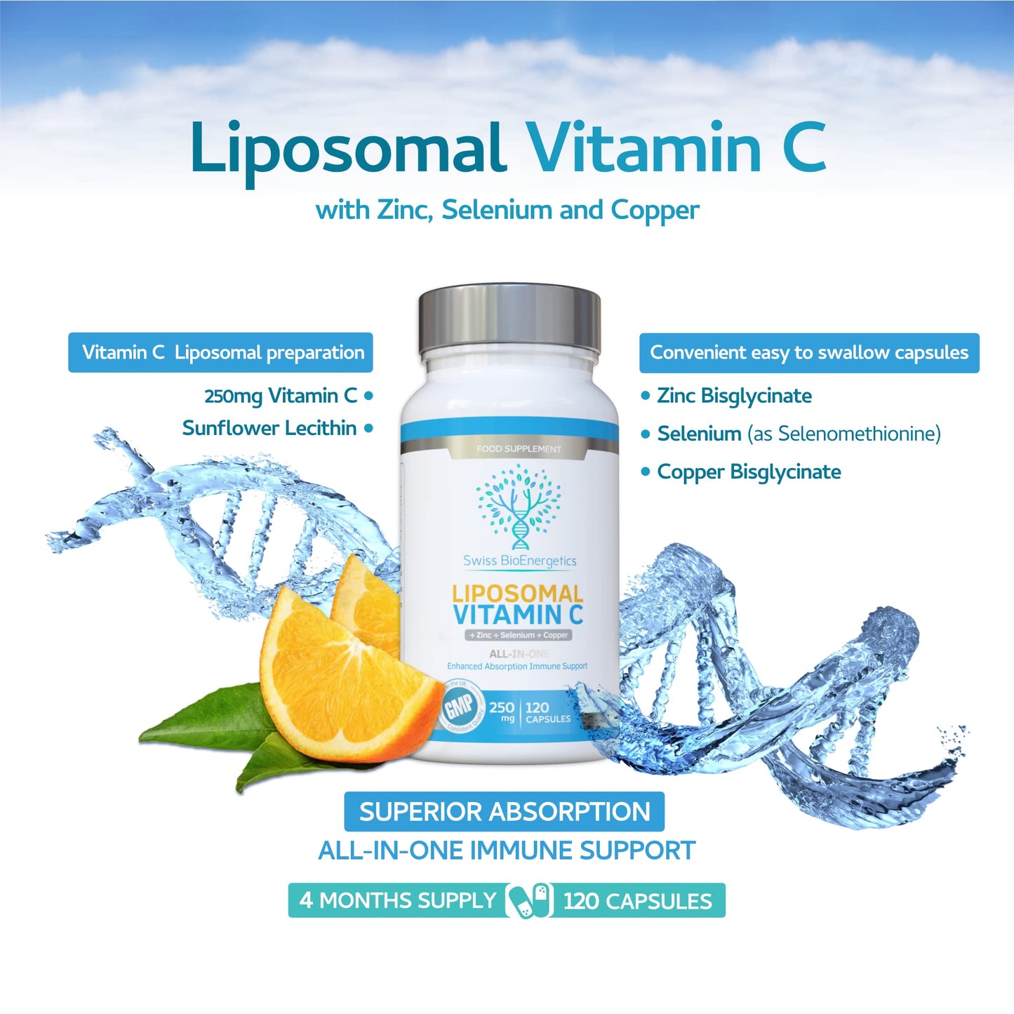 swiss bioenergetics Liposomal Vitamin C Complex with Zinc, Selenium and Copper : All-in-ONE Enhanced Absorption Immune Support : 250mg, 120 Vegan Capsules (4 Month Supply) : Non-GMO, Made in UK