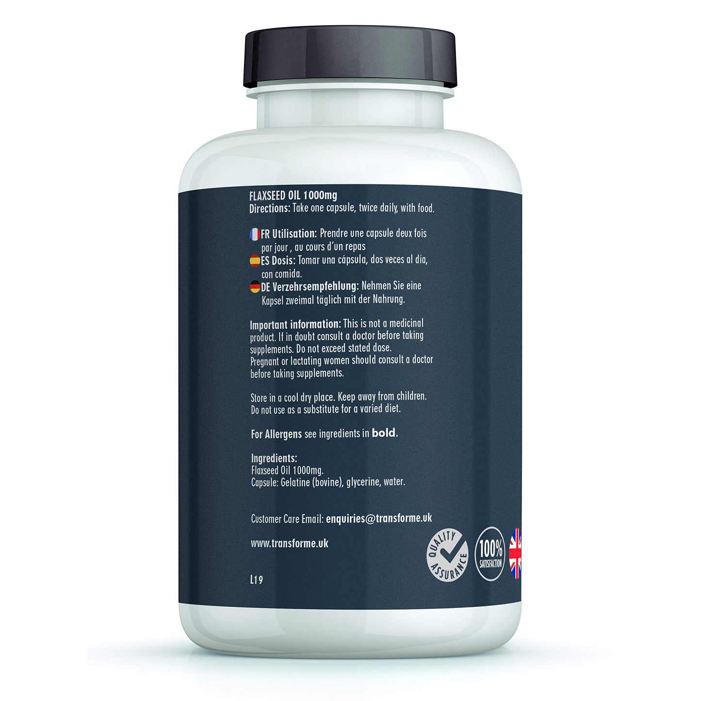 Transforme Flaxseed Oil Capsules 1000mg, Cold Pressed Omega 3 6 9, 180 Softgels, High in Alpha Linolenic, Linoleic & Oleic Acid, 2000mg Serving, Lactose & Gluten Free