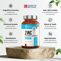 Zinc Tablets High Strength - 25mg Elemental Zinc – 365 Vegan Tablet Pills (1 Year Supply) – Zinc Gluconate - Chelated Zinc Supplements for Immune System, Hair, Skin, Bones, Nails – Made by VitaBright