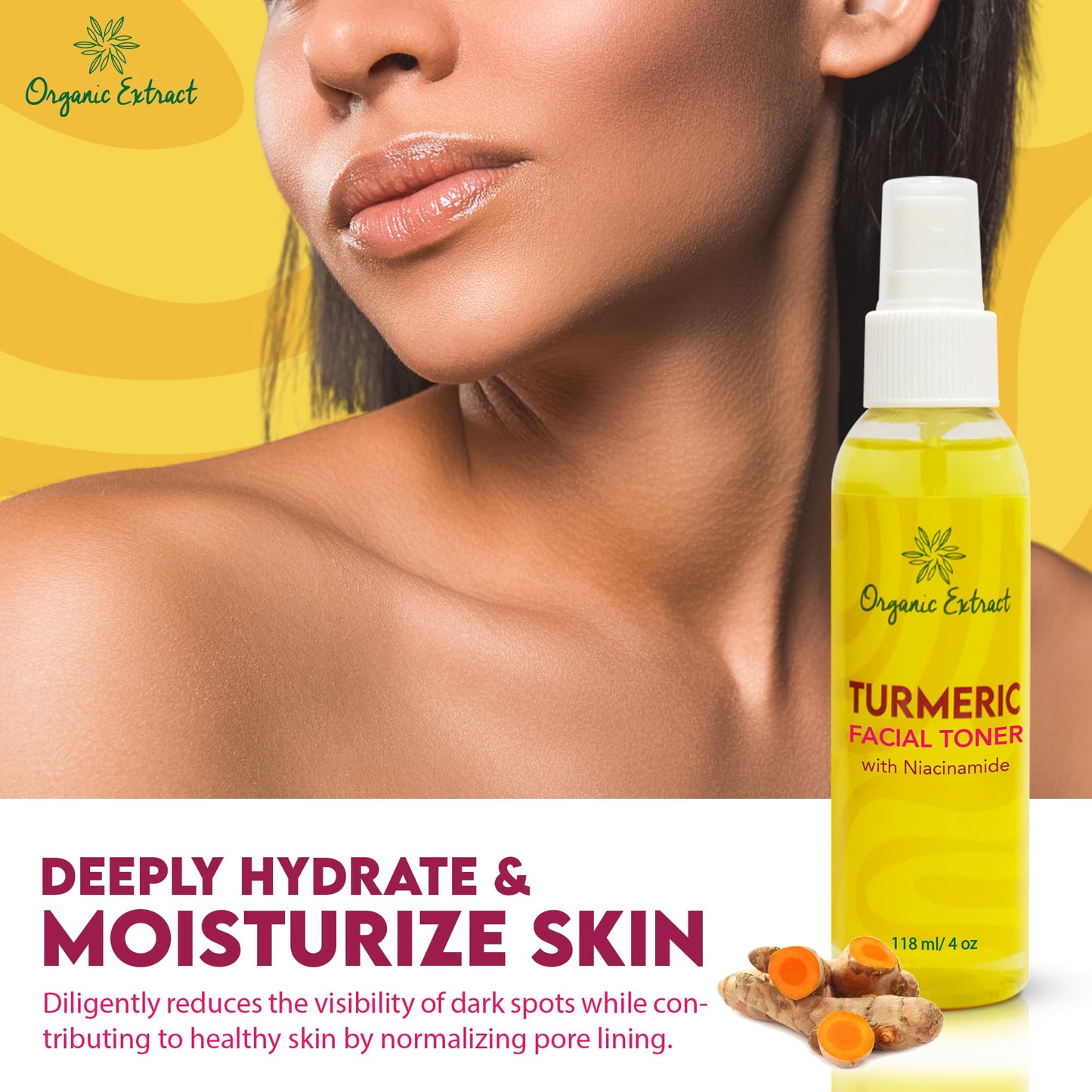 ORGANIC EXTRACT Organic Extract Turmeric Facial Toner - 4 fl oz / 118 ml - Skin Brightening Face Toner, Gently Removes Impurities - Exfoliating, Hydrating Toner with Niacinamide, Glycerin, Aloe Vera