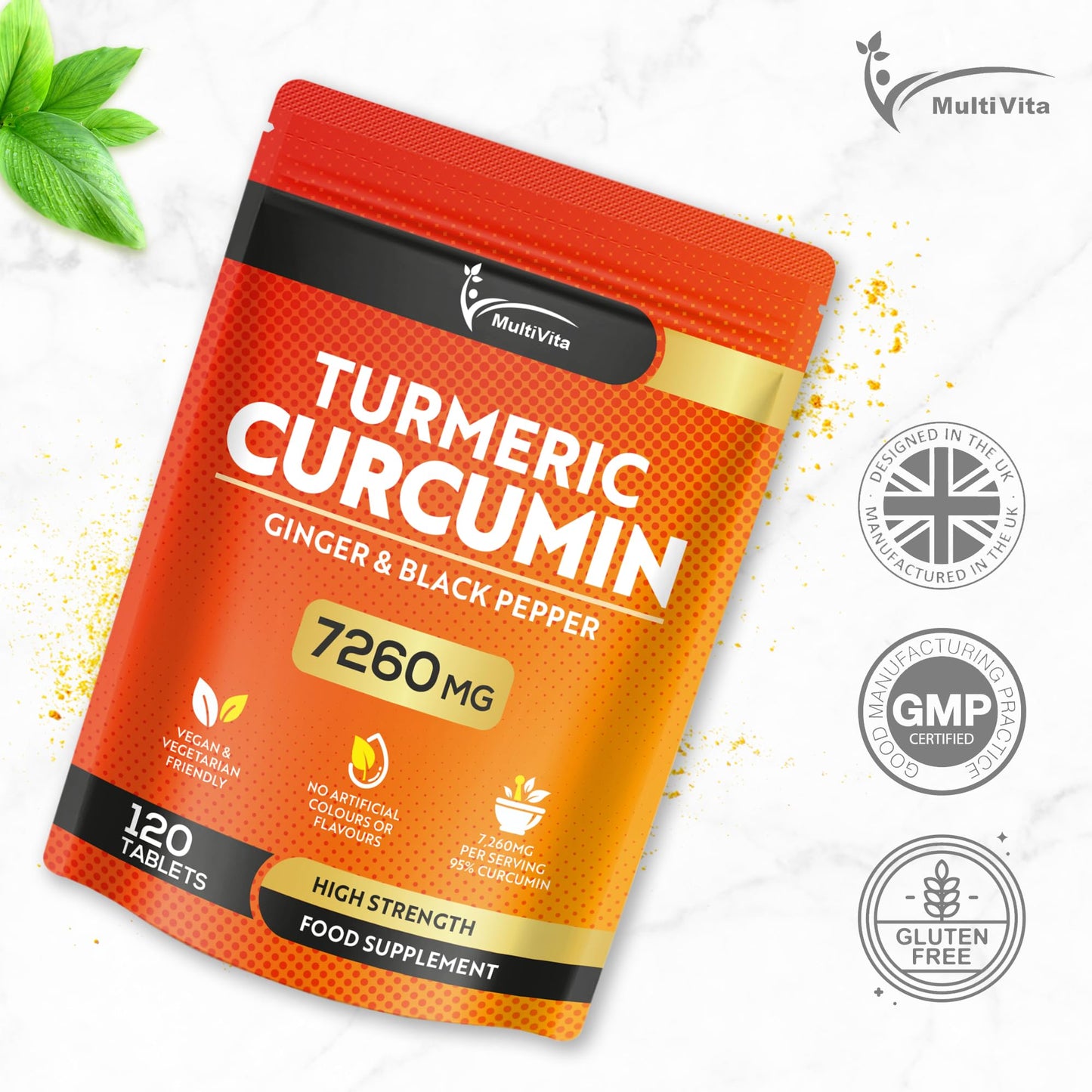 Multivita Turmeric Curcumin Tablets 7,260mg Per Serving - 95% Curcuminoids 2 Months Supply - with Ginger & Active Curcumin including Black Pepper to Aid Absorption - High Strength Tumeric Supplement - Vegan UK