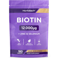 Horbäach Biotin Tablets 12000ug | 180 Count | High Strength Complex with Zinc and Selenium | Vegan Supplement | by Horbaach