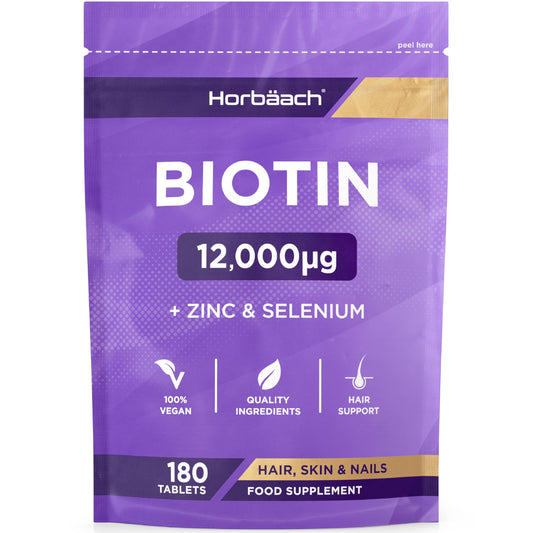 Horbäach Biotin Tablets 12000ug | 180 Count | High Strength Complex with Zinc and Selenium | Vegan Supplement | by Horbaach