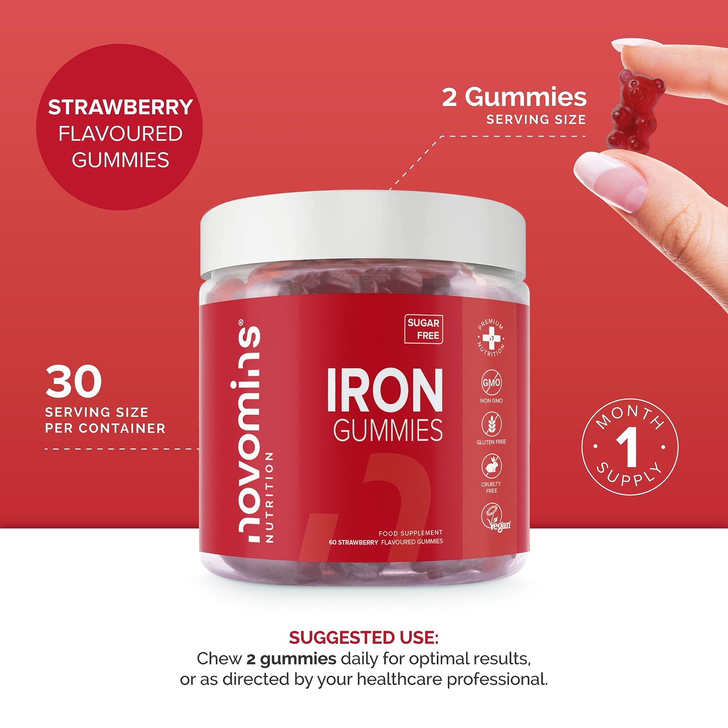Iron Gummies – Sugar Free - High Strength Iron Supplement for Women and Men – Vegan – 1 Month Supply – Chewable Iron Gummies - Immunity & Energy Supplements for Adults - Made by Novomins