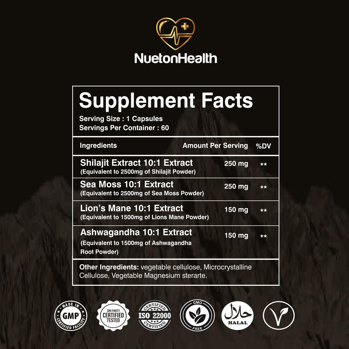 NUETONHEALTH NuetonHealth Shilajit, Sea Moss, Lion's Mane, and Ashwagandha Capsules - Comprehensive All-in-One Wellness Supplement for Mind, Body, and Vitality - 60 Vegan Capsules