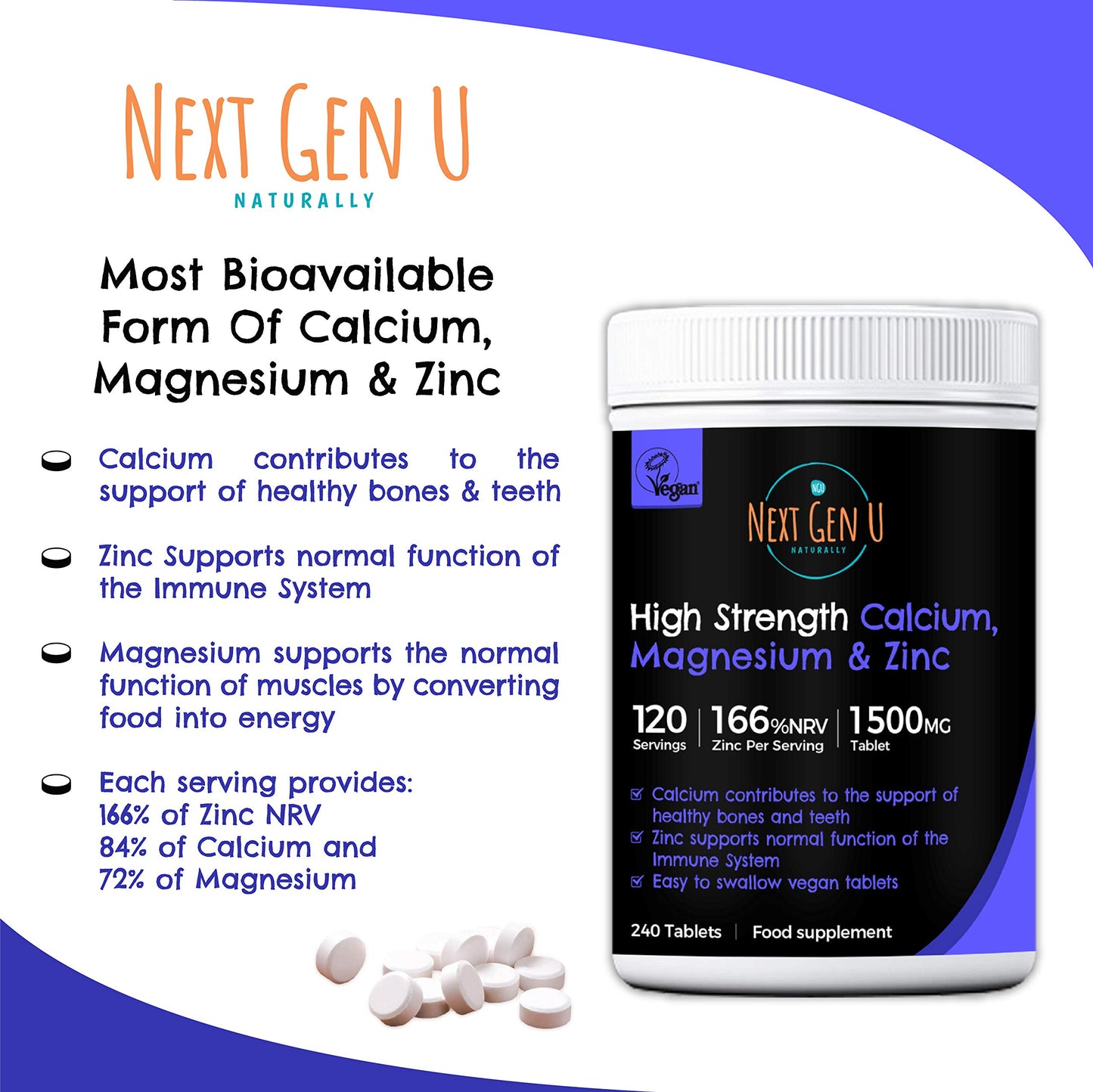 NGU Calcium Magnesium Zinc Essential Mineral Supplement 240 Vegan Caplets for Immune Support and Bone Strength for Adults Women and Men