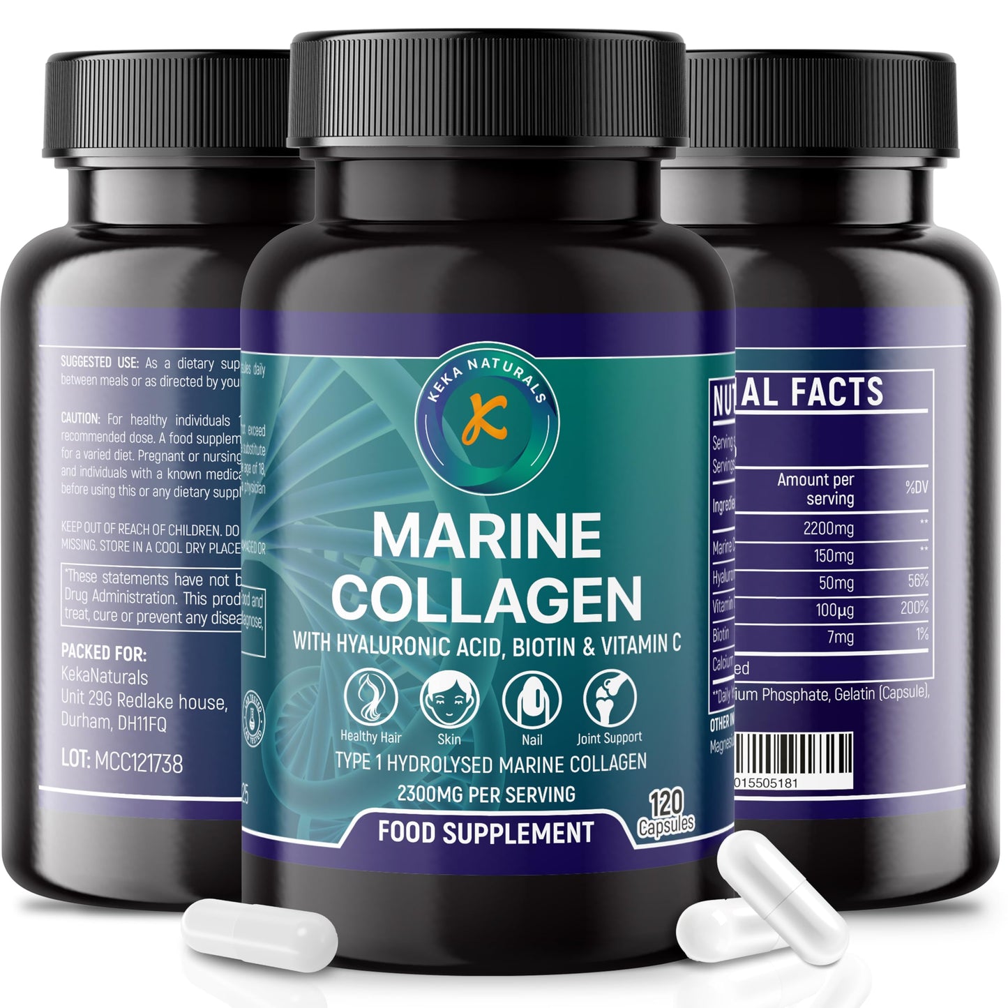 Hydrolysed Marine Collagen Peptides 2300mg - Enhanced with Hyaluronic Acid & Vitamin C - High Strength Collagen Supplements for Women and Men - 120 Capsules