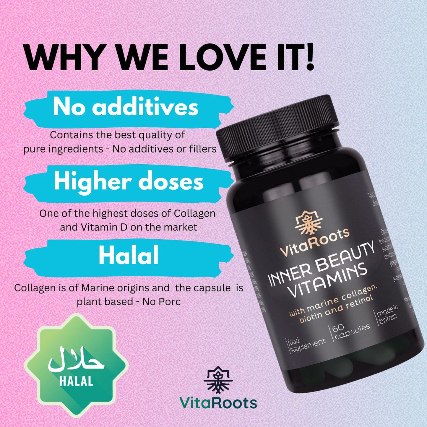 Vitaroots Inner Beauty Vitamins, with Marine Collagen, Retinol and Biotin