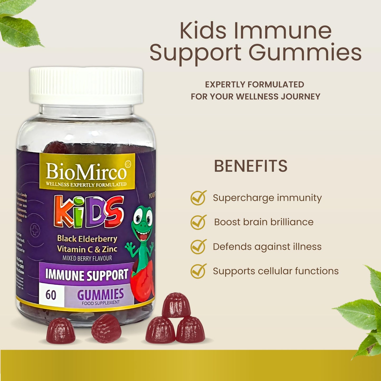 Bio Mirco Kids Triple Immunity Complex, Immune Boosting Gummies for Kids, Vitamin C, Zinc and Elderberry, 60 Gummies – 2 Month Supply, Elderberry Flavour, Great Tasting,Support Immunity and Overall Wellness