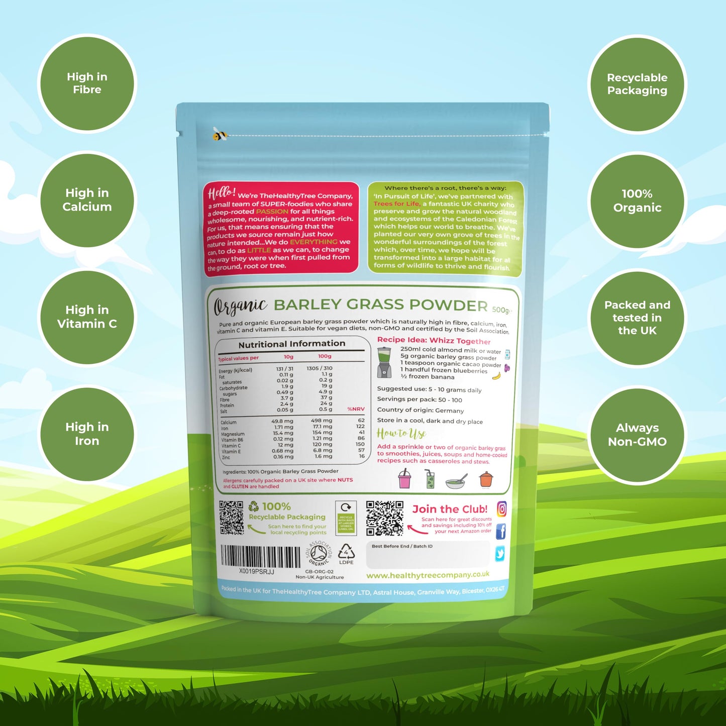 Organic Barley Grass Powder by TheHealthyTree Company - High in Calcium, Fibre, Iron and Vitamin C - Gluten Free Pure Vegan Barleygrass from Germany (500g)