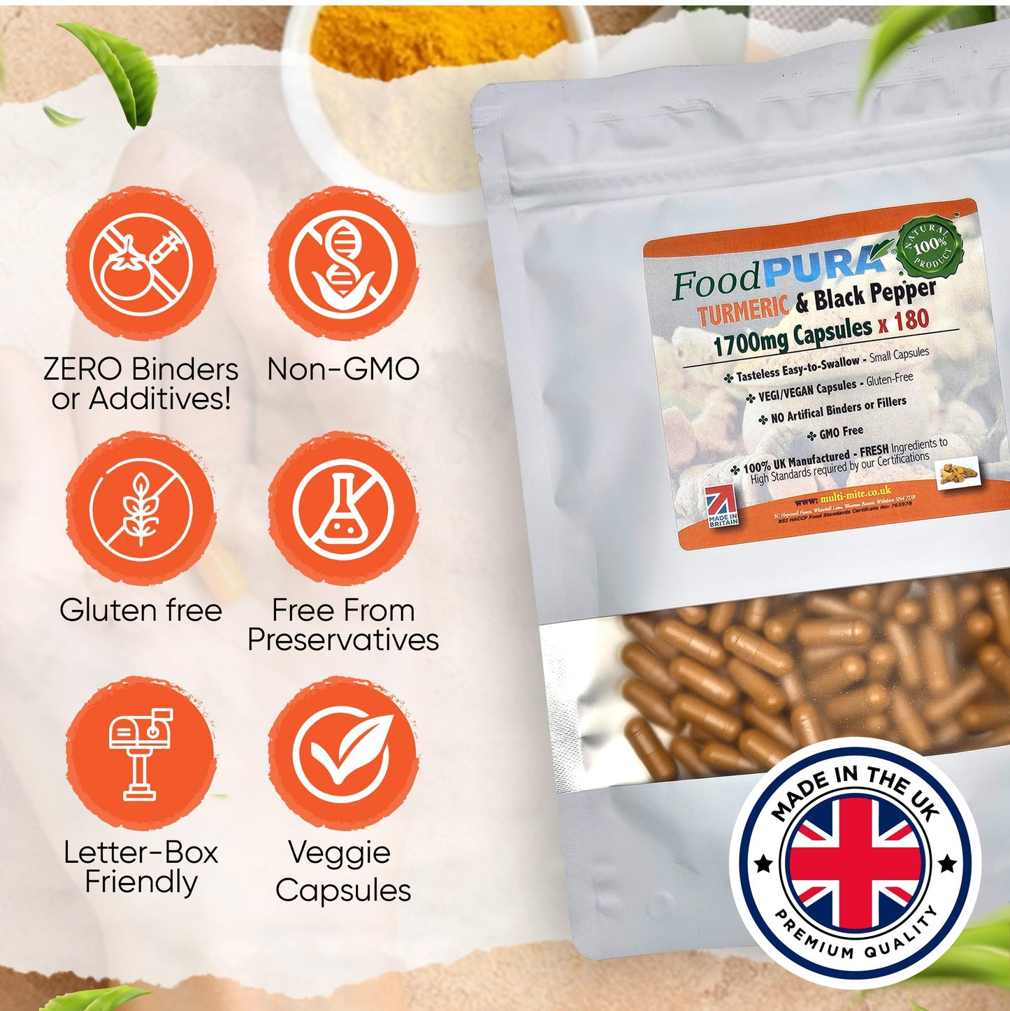 FoodPURA Turmeric with Black Pepper Capsules High Strength 1700mg HACCP Certified, Manufactured in The UK by FoodPURA 1 Pack of 180 Capsules