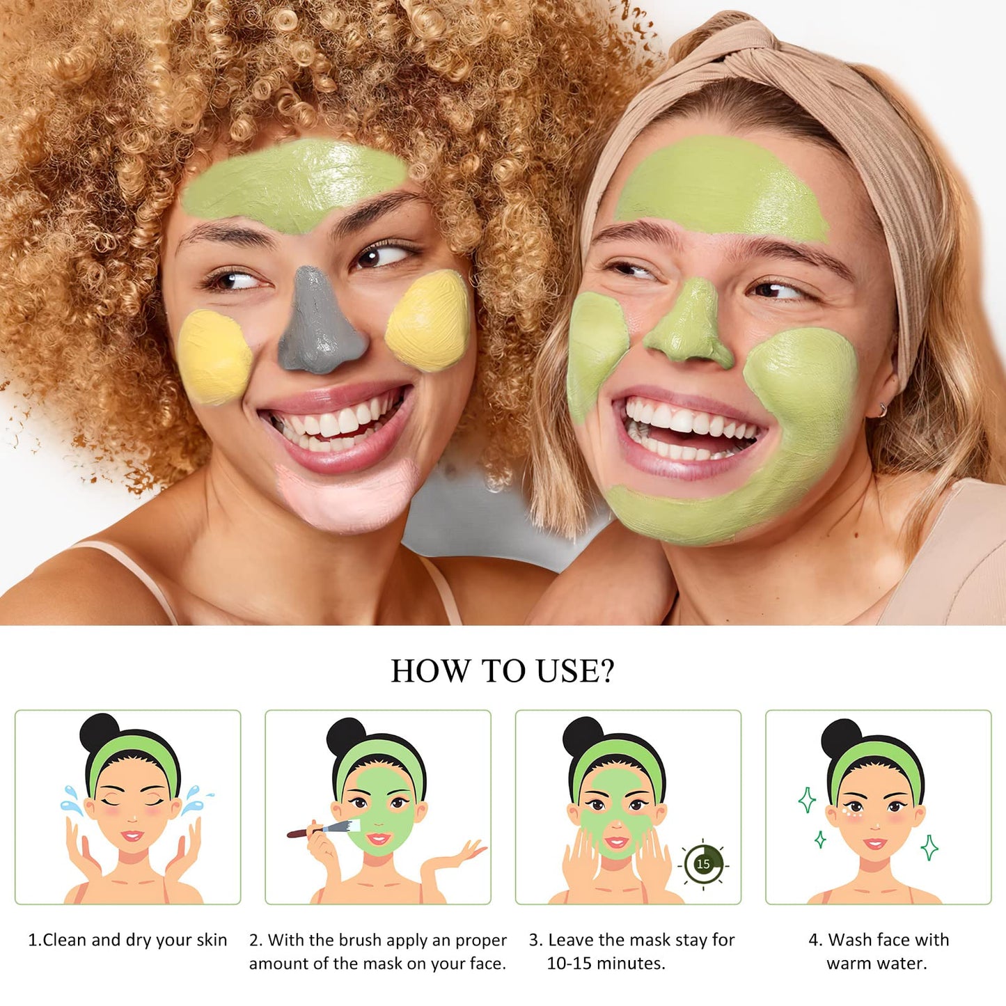 Clay Face Mask Kit, Vitamin C Clay Mask with Turmeric, Dead Sea Mud Mask, Green Tea Mask, Rose Clay Mask, Skin Care Facial Mask for Deep Cleansing, Controlling Oil and Refining Pores (240g in Total)