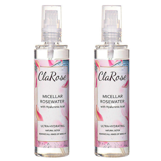 ClaRose Micellar Water with Hyaluronic Acid and 100% Natural Vegan Rosewater, 300 ml, (Pack of 2)