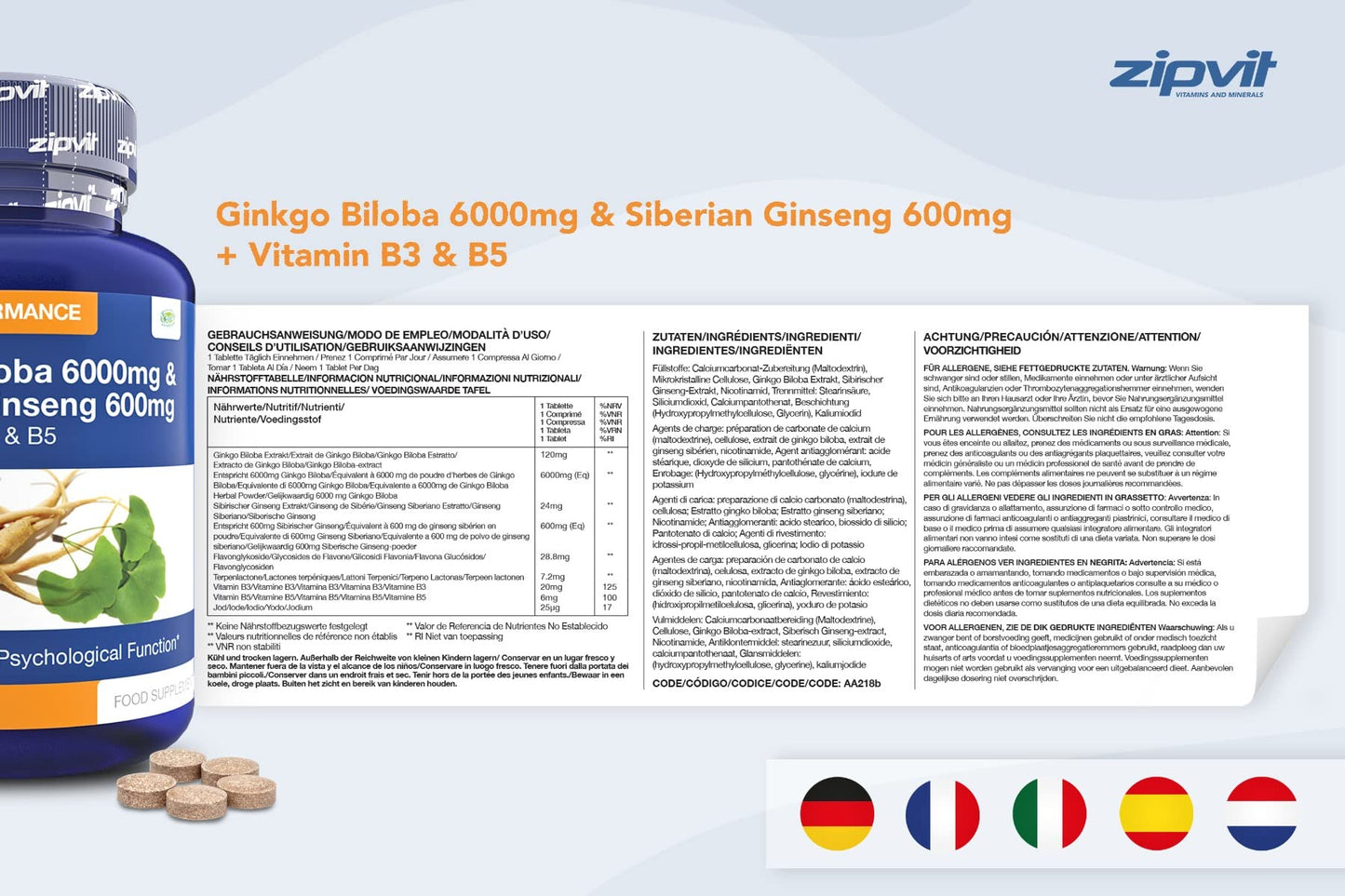 Zipvit Ginkgo Biloba and Siberian Ginseng, Standardised Ginkgo 6000mg and Ginseng 600mg with Vitamins B3 and B5. 120 Vegan Tablets for Focus,Mental Performance,Boost Energy. 4 Months Supply