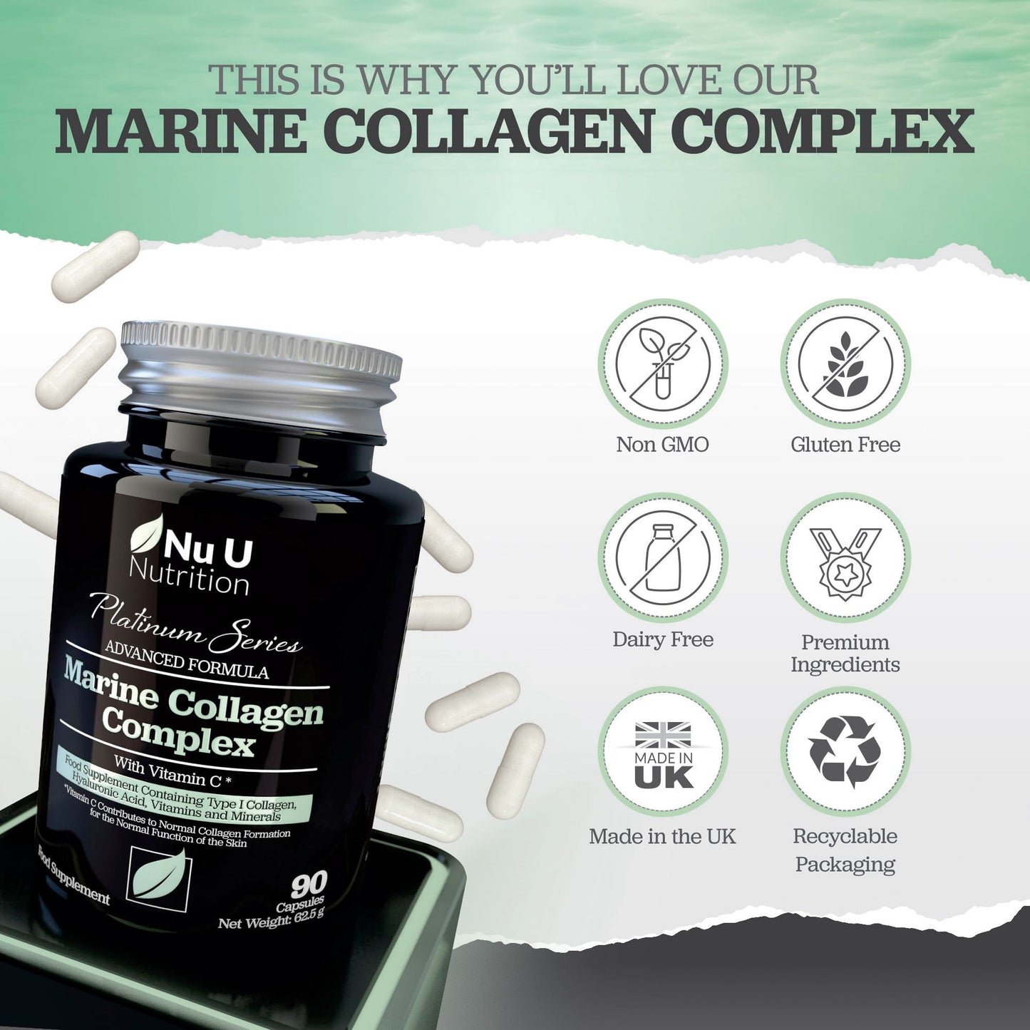 Nu U Nutrition Marine Collagen with Hyaluronic Acid, Vitamin C - 90 Hydrolysed Capsules (not Tablets) - Premium High Strength Collagen Supplements for Women & Men - Type 1 Marine Collagen - for Hair Nails & Skin