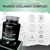Nu U Nutrition Marine Collagen with Hyaluronic Acid, Vitamin C - 90 Hydrolysed Capsules (not Tablets) - Premium High Strength Collagen Supplements for Women & Men - Type 1 Marine Collagen - for Hair Nails & Skin