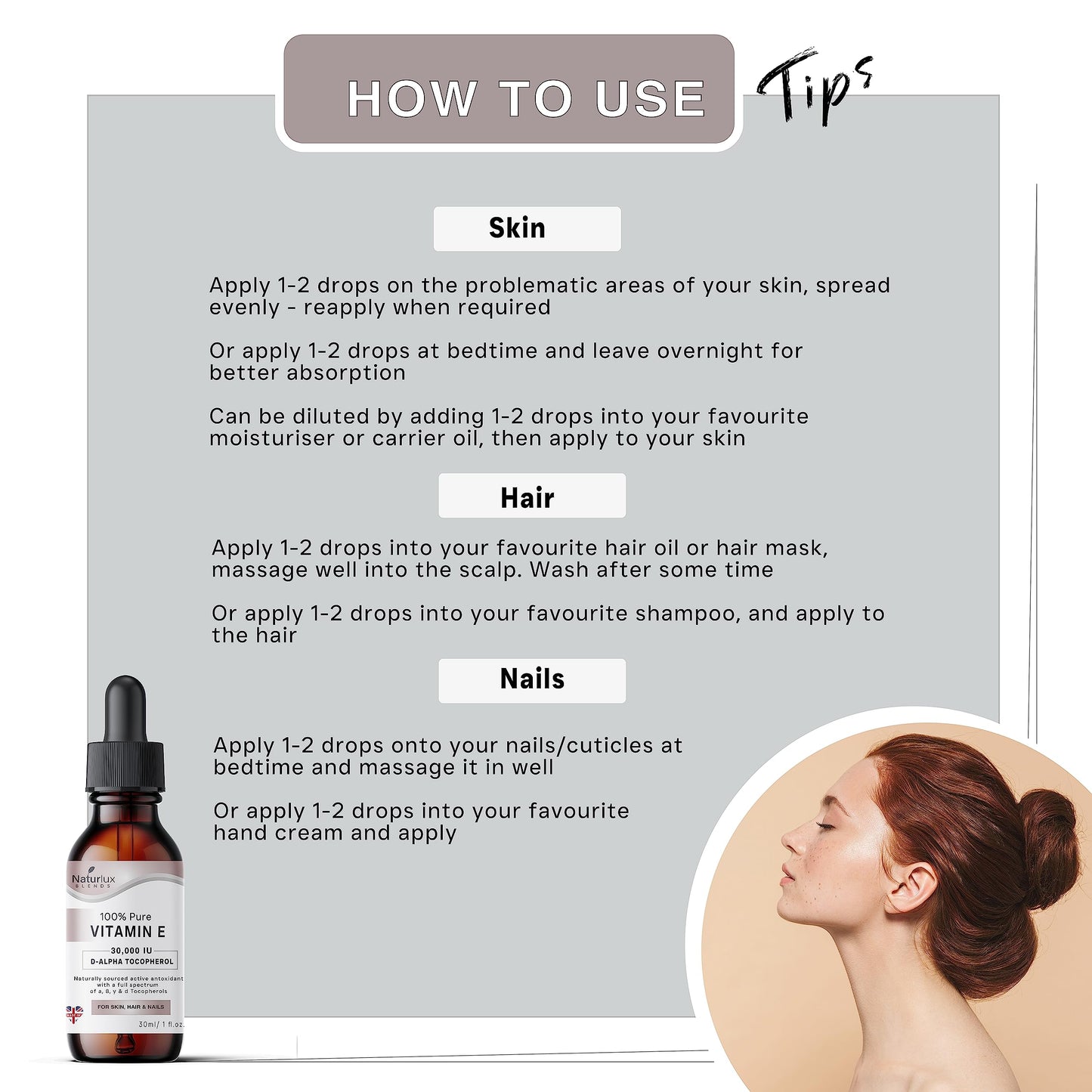Naturlux Blends 100% Pure Vitamin E Oil For Skin, Face, Hair & Nails Cuticle | Natural D - Alpha Tocopherol | High Strength Concentrated Antioxidant 30 ML