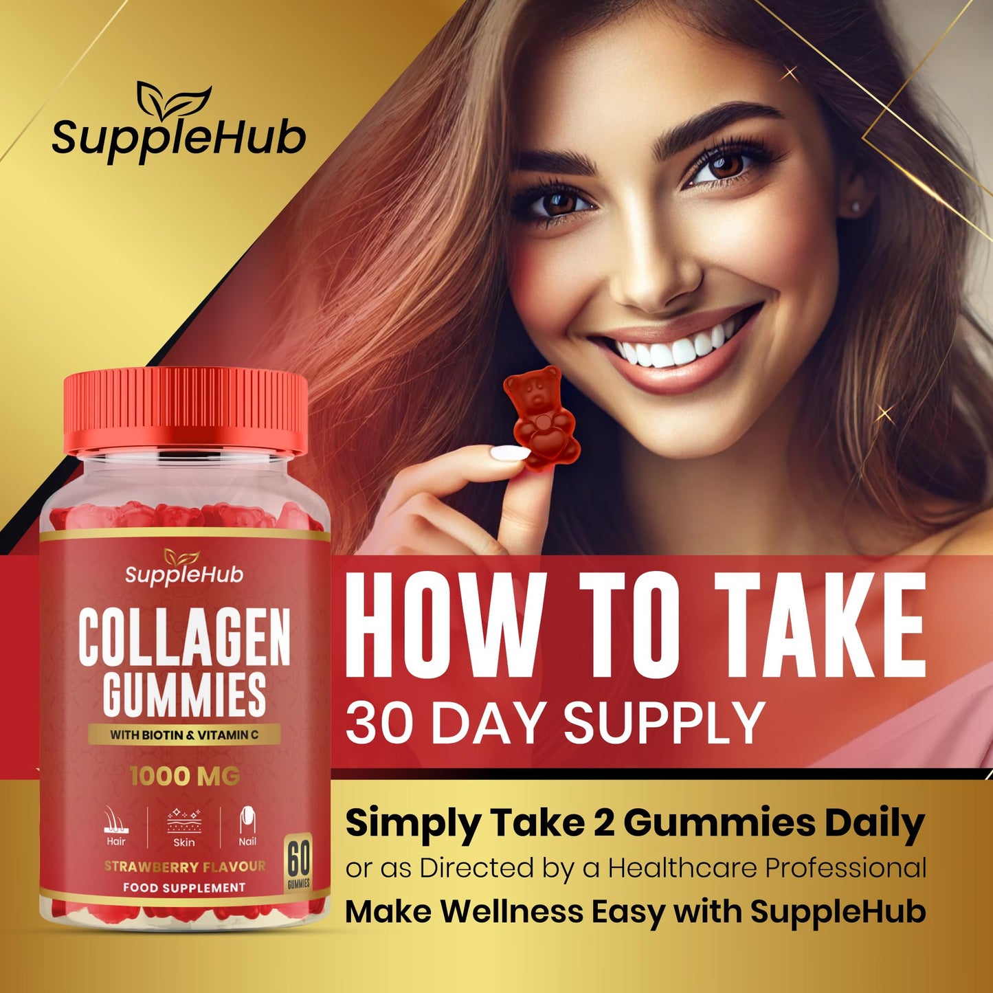 SuppleHub Collagen Gummies 1000mg - Hydrolysed Collagen Peptides with Biotin & Vitamin C - Collagen Supplements for Women & Men - Skin, Hair, Nails & Joint - Strawberry Flavour - 60 Gummies/Bottle