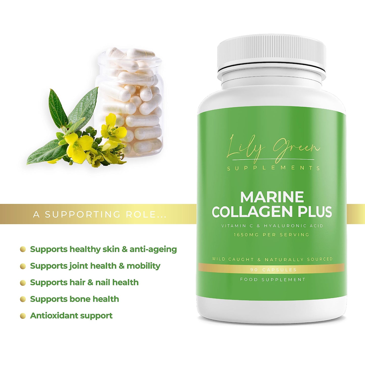 Lily Green Supplements Lily Green | Marine Collagen with Hyaluronic Acid & Vitamin C - 1650mg per Serving | 90 Capsules | Hydrolysed Type 1 Collagen for Women & Men | No Additives | Made in UK