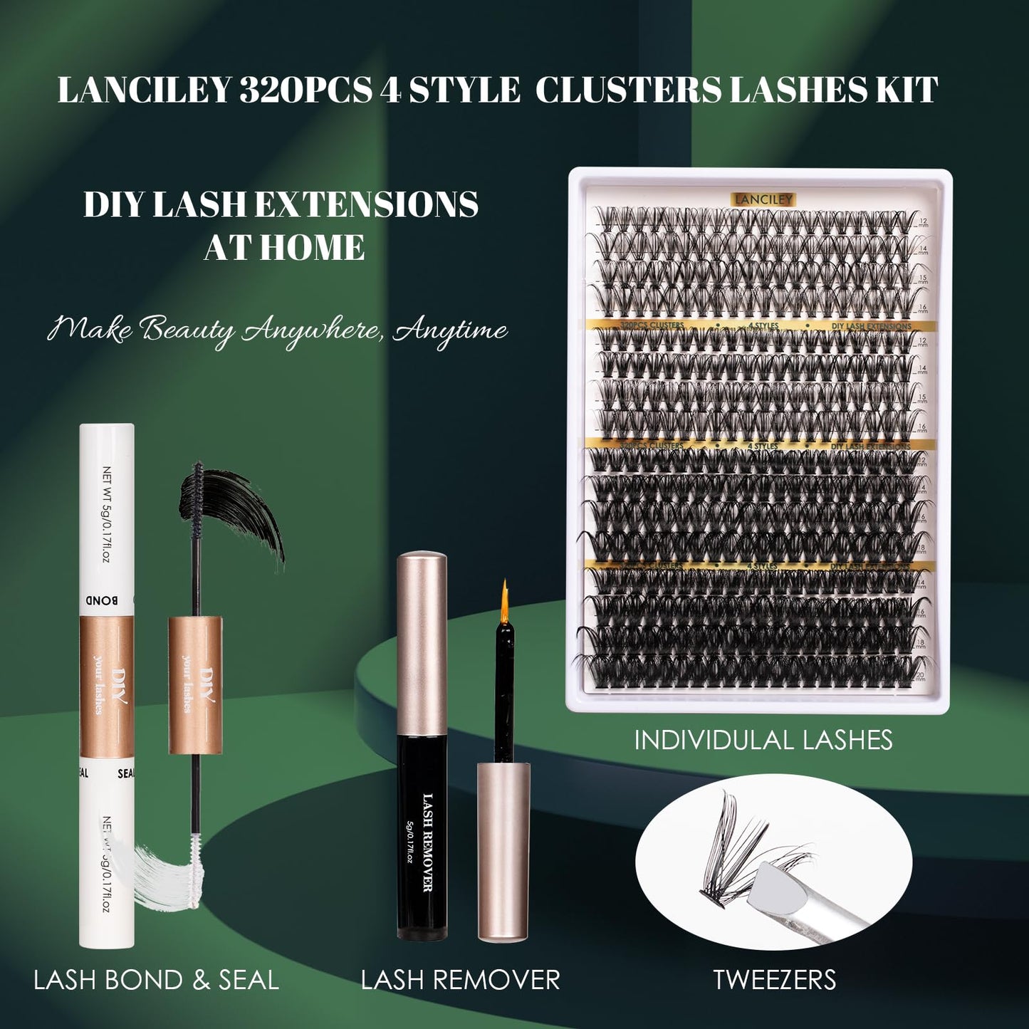 Lanciley Cluster Lashes 320PCS Volume Individual Eyelashes 30D+40D+80D+100D Lash Extension Kit 12-20MM Natural Lash Clusters DIY Eyelash Extension Kit with Lash Bond and Seal Lash Tweezers-30+40+80+100D