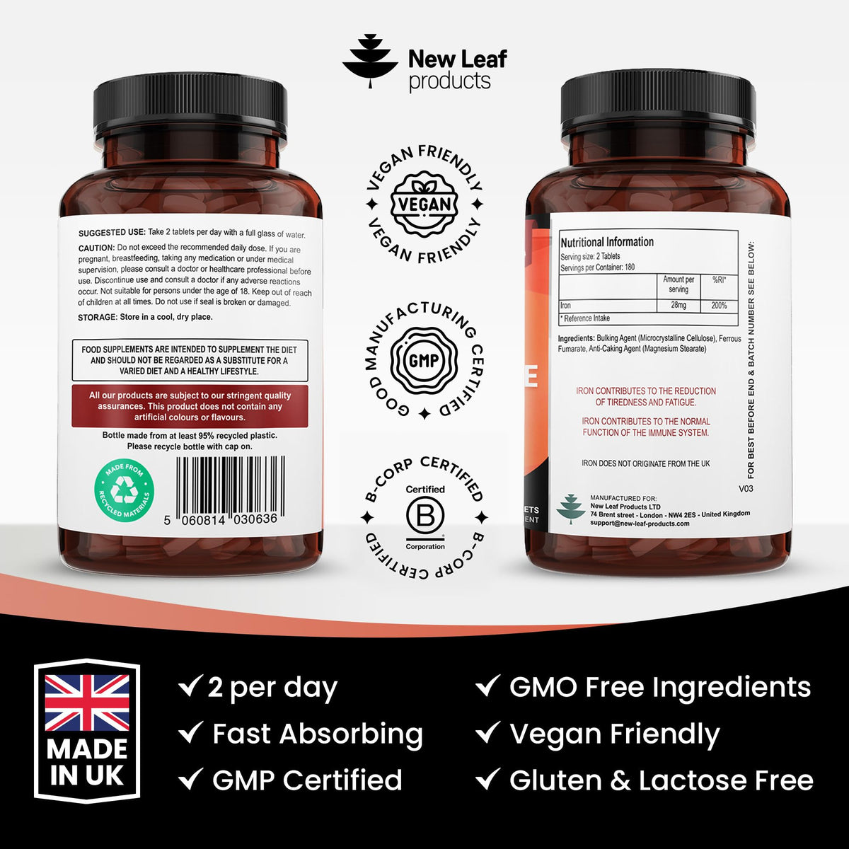 NEW LEAF PRODUCTS Gentle Iron Tablets 28mg High Strength Ferrous Fumarate Iron - Vegan Iron Supplements for Men and Womens Health - Reduction in Tiredness and Fatigue, Supports Immune, Health and Energy