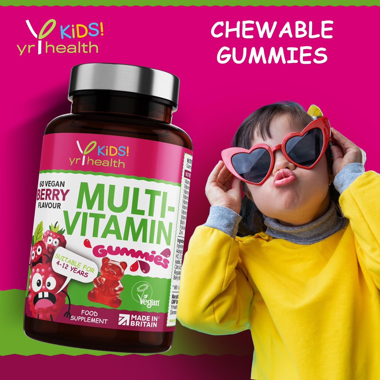 yrhealth Kids Multivitamin and Mineral Gummies - 60 Vegan Berry Flavour Chewable Gummies, Kids Vitamin Gummies for 4-12 Years - 2 Months Supply - Made in The UK by YrHealth