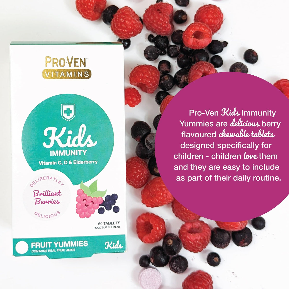 Pro-Ven Proven Children's Vitamins - Immune System Booster Kids - 60 Delicious Chewable Daily Immunity Tablets with Vitamin C, D & Elderberry Extract, Carefully Formulated for Bone, Teeth & Muscle Health