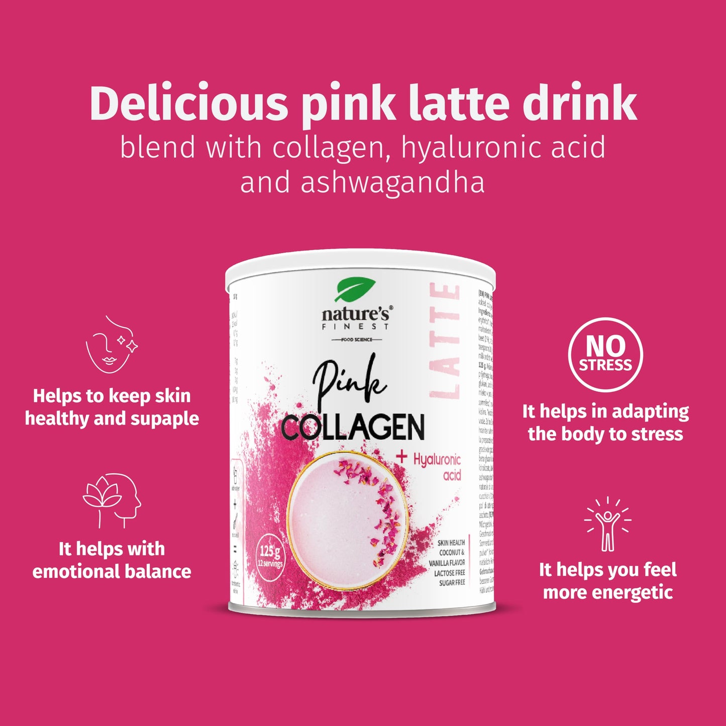 Nature's Finest by Nutrisslim PINK LATTE with Collagen and Hyaluronic Acid 125 g | Coconut and vanilla flavored drink, lactose and sugar free (1)
